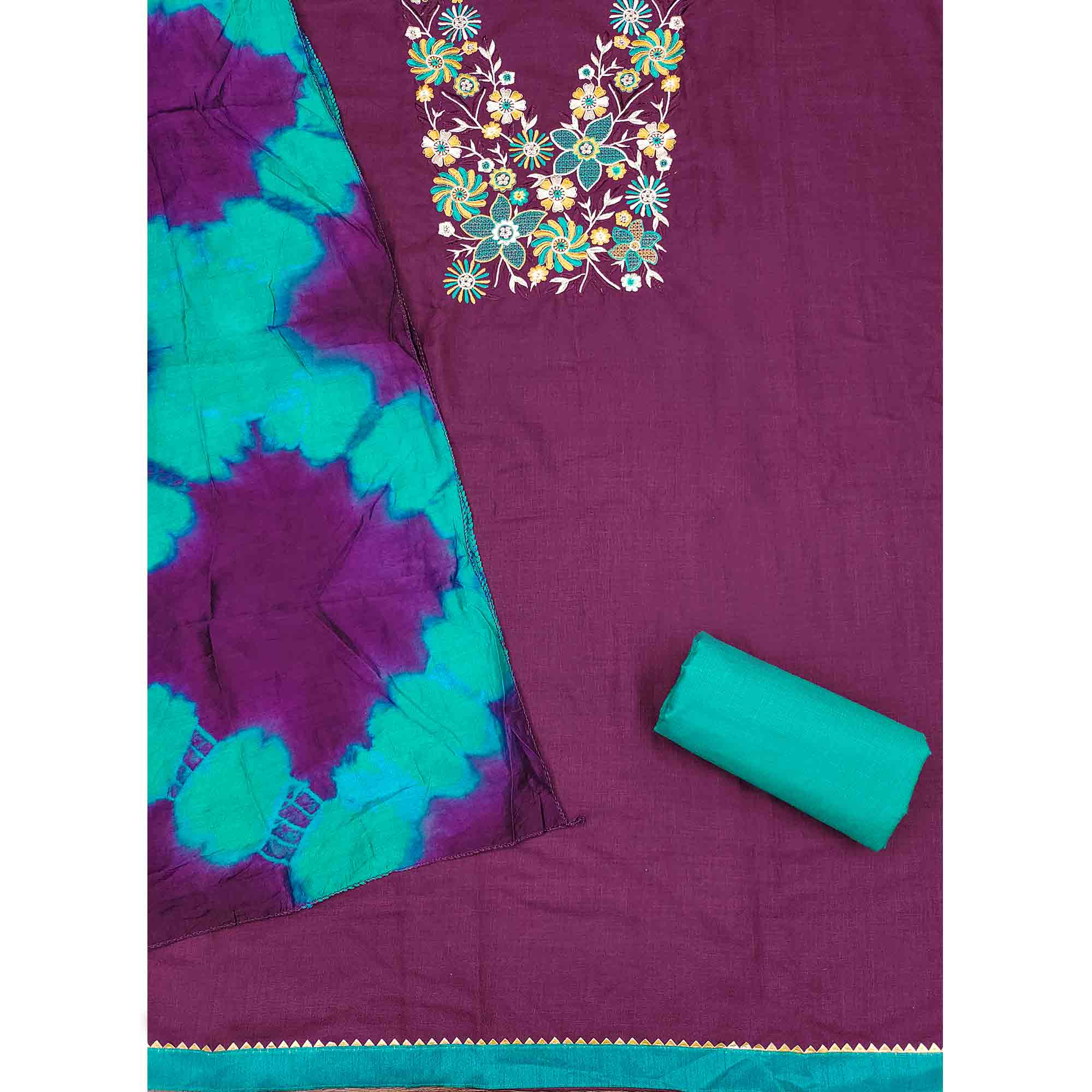 Elegant Purple Floral Thread Embroidered Cotton Blend Dress Material With Gota Patti Work