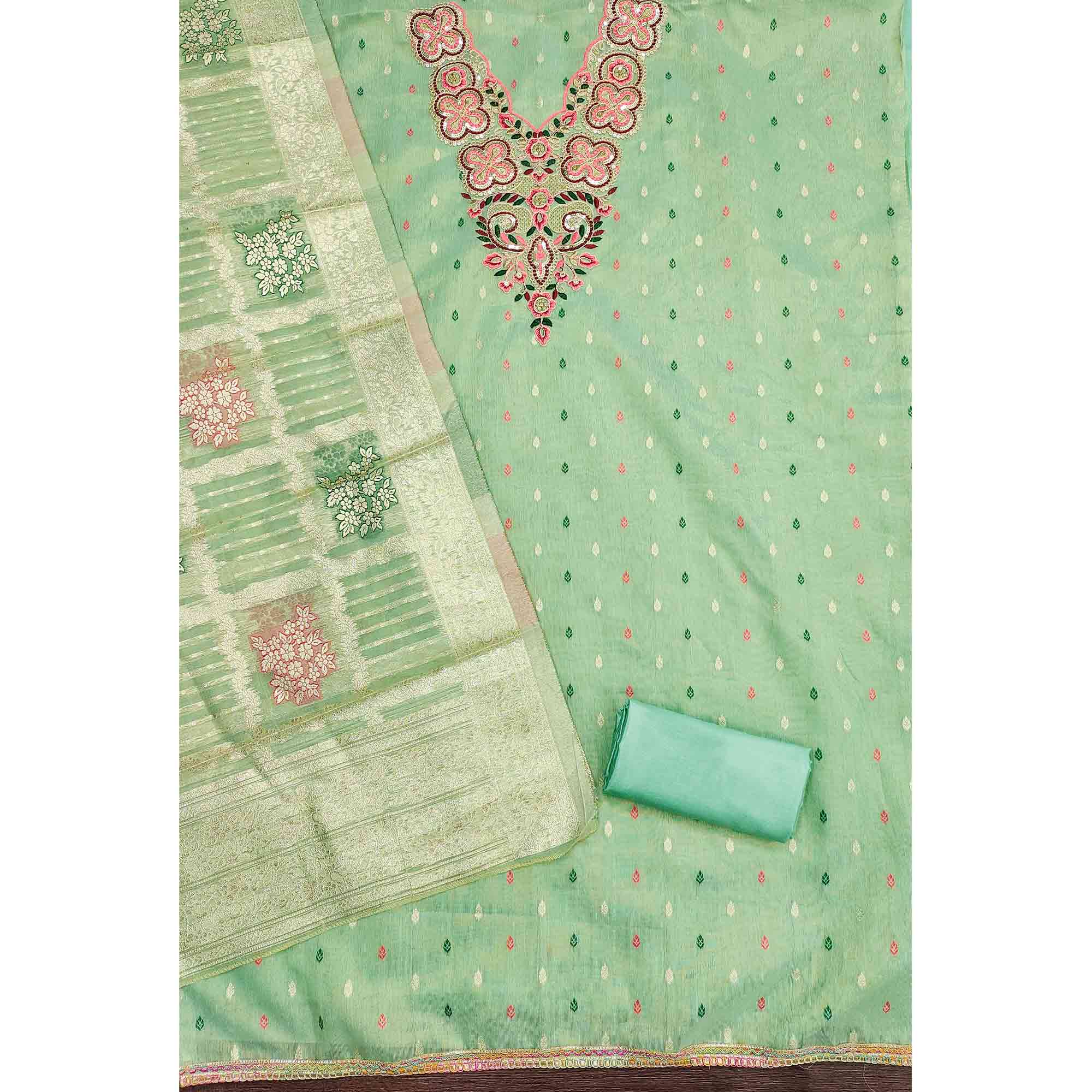 Stylish Sea Green Floral Cording Embroidered Shimmer Dress Material Enhanced With Butti Weaving