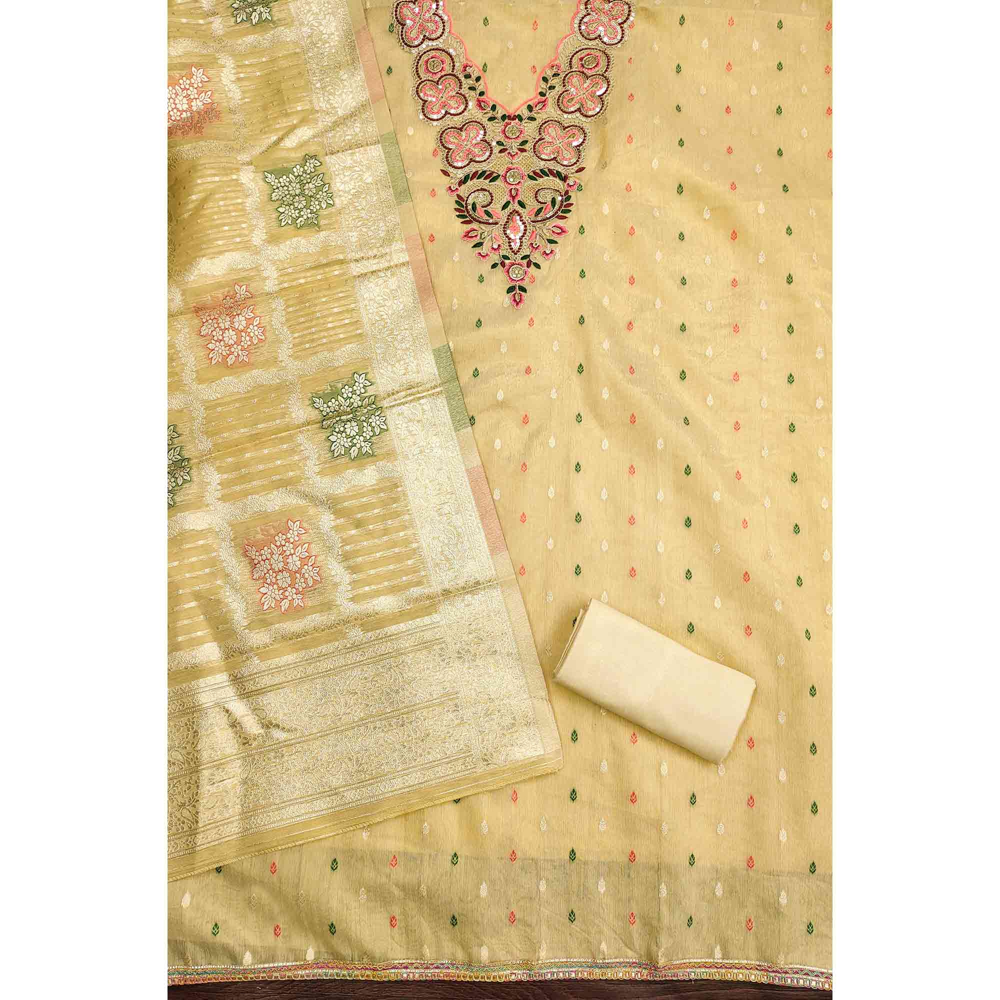 Stylish Yellow Floral Cording Embroidered Shimmer Dress Material Enhanced With Butti Weaving Work