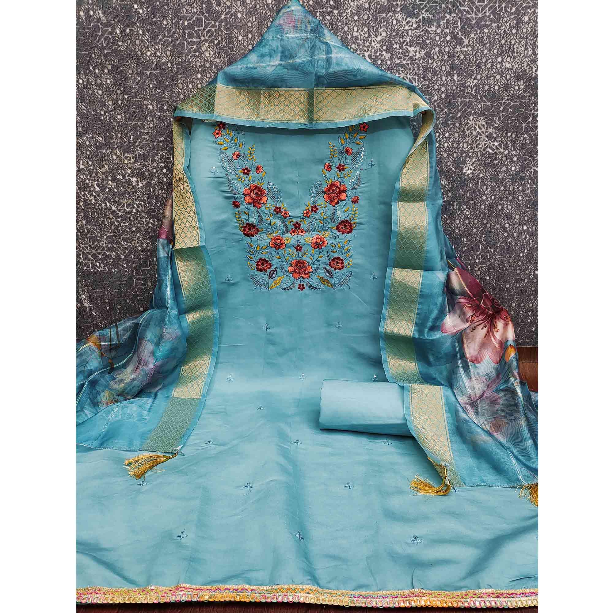 Majestic Blue Bloom Floral Thread & Sequins Embroidered Roman Cotton Silk Dress Material