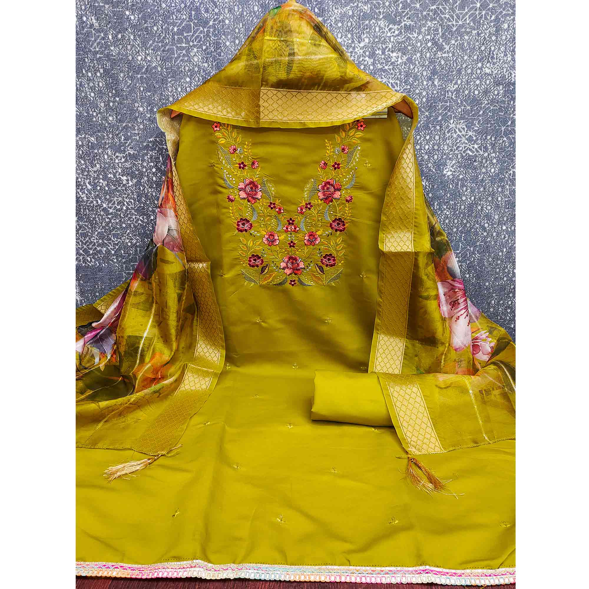 Majestic Green Bloom Floral Thread & Sequins Embroidered Roman Cotton Silk Dress Material