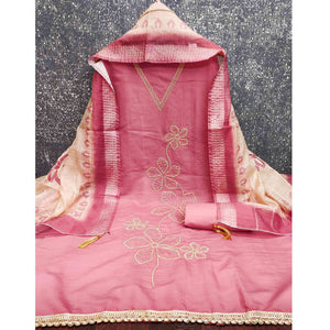 Sophisticated Pink Floral Embroidered Roman Cotton Silk Dress Material With Shimmering Sequins