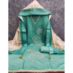 Sophisticated Turquoise Floral Embroidered Roman Cotton Silk Dress Material With Shimmering Sequins