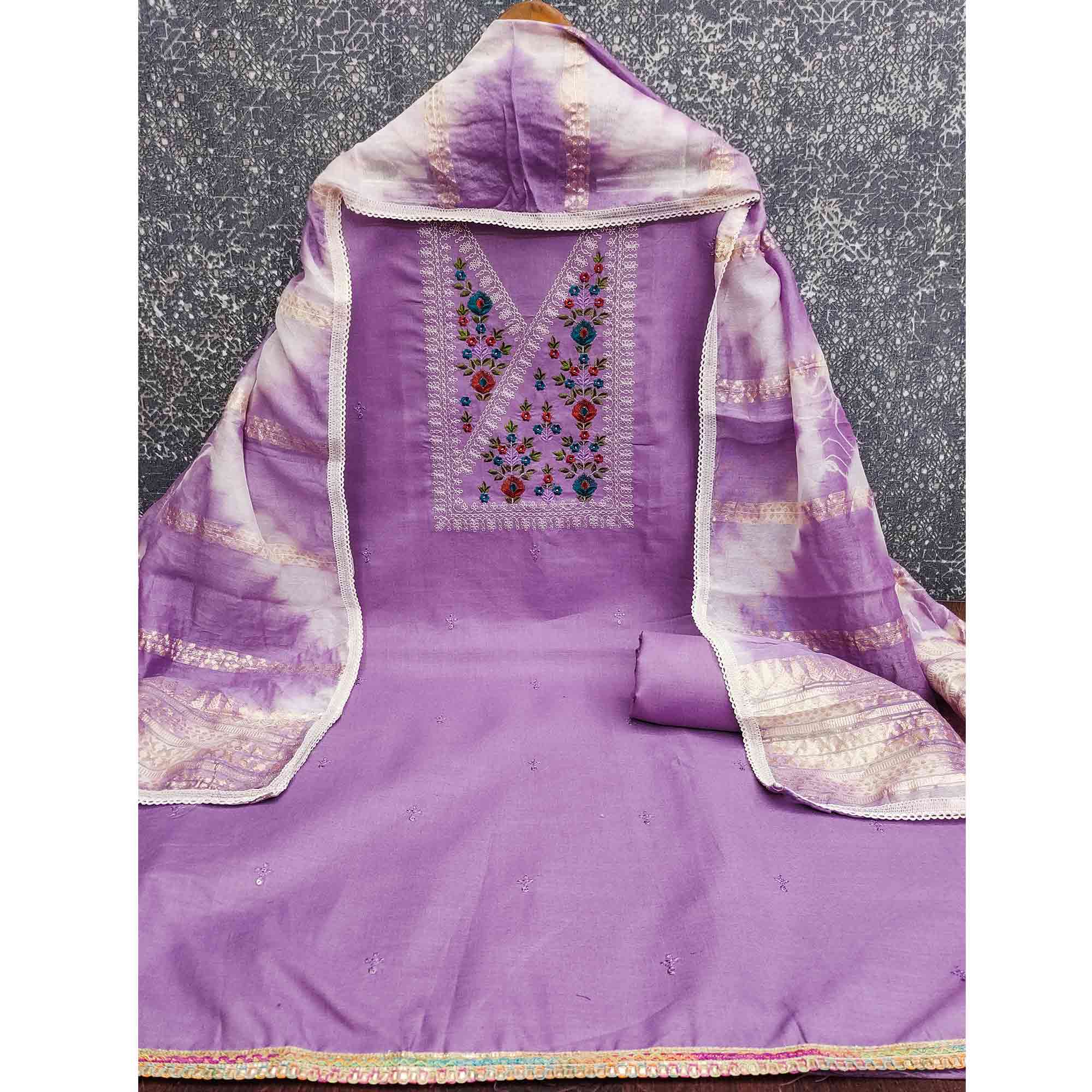 Opulent Grace Lavender Cotton Blend Dress Material Adorned With Floral Thread & Sequins Work