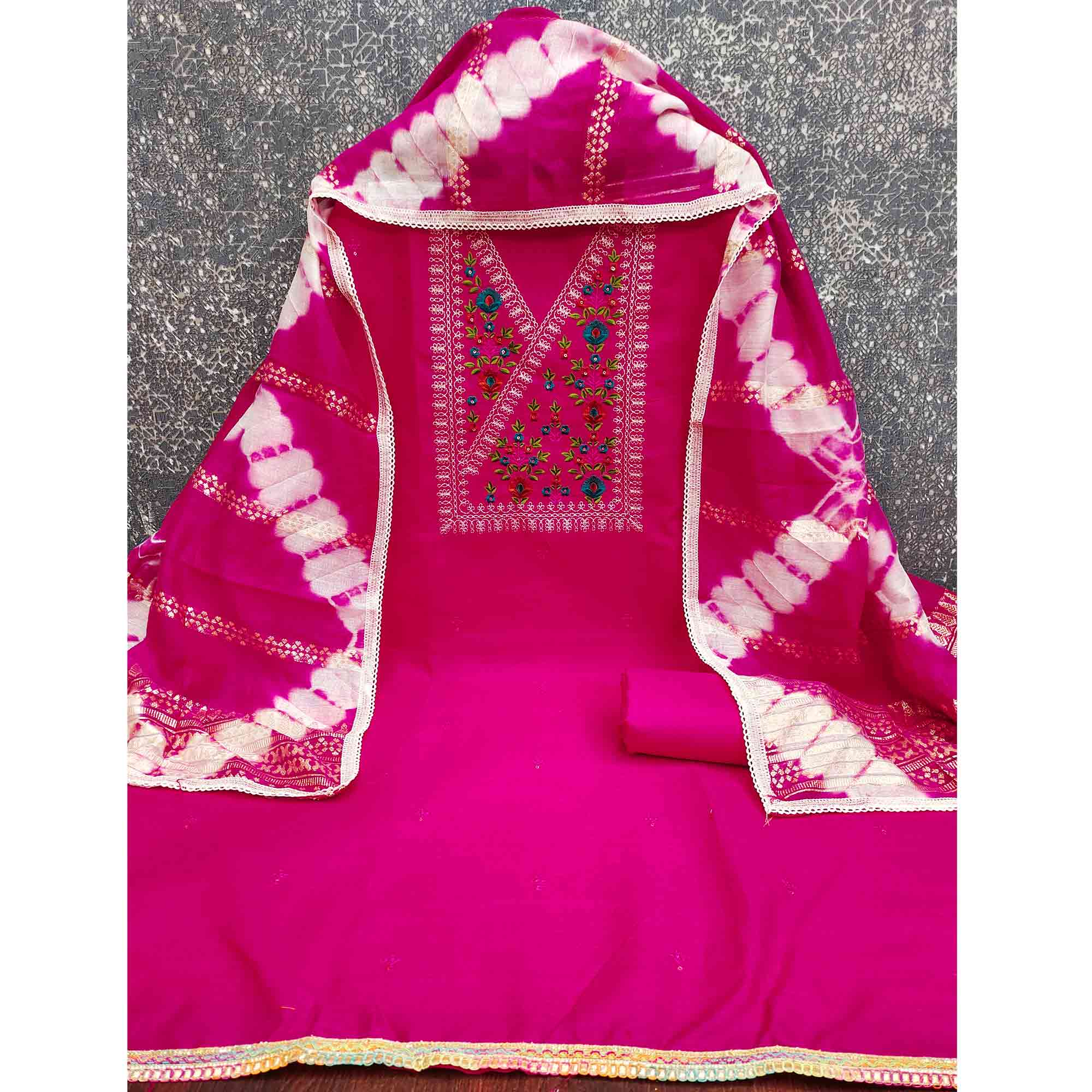 Opulent Grace Pink Cotton Blend Dress Material Adorned With Floral Thread & Sequins Work