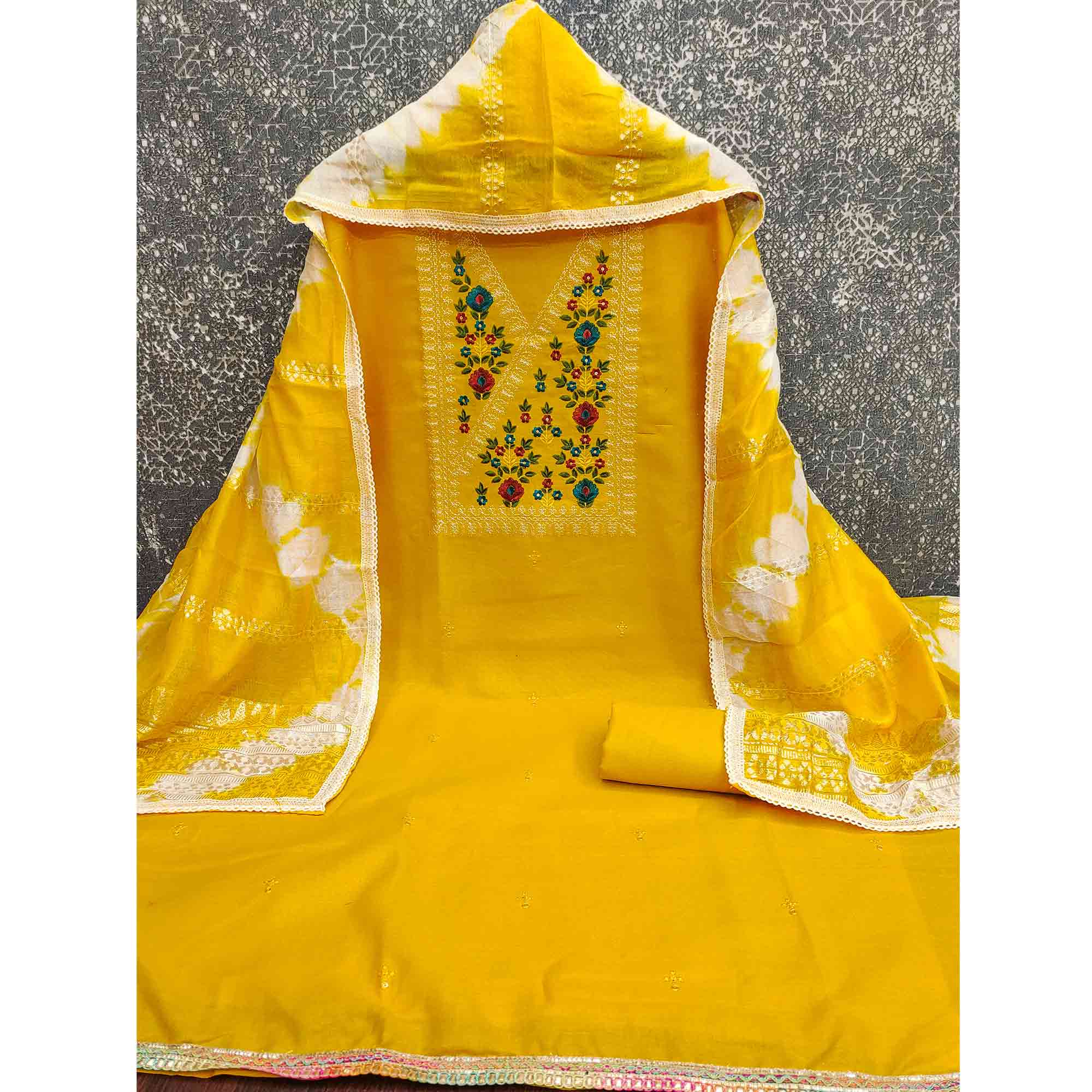 Opulent Grace Yellow Cotton Blend Dress Material Adorned With Floral Thread & Sequins Work