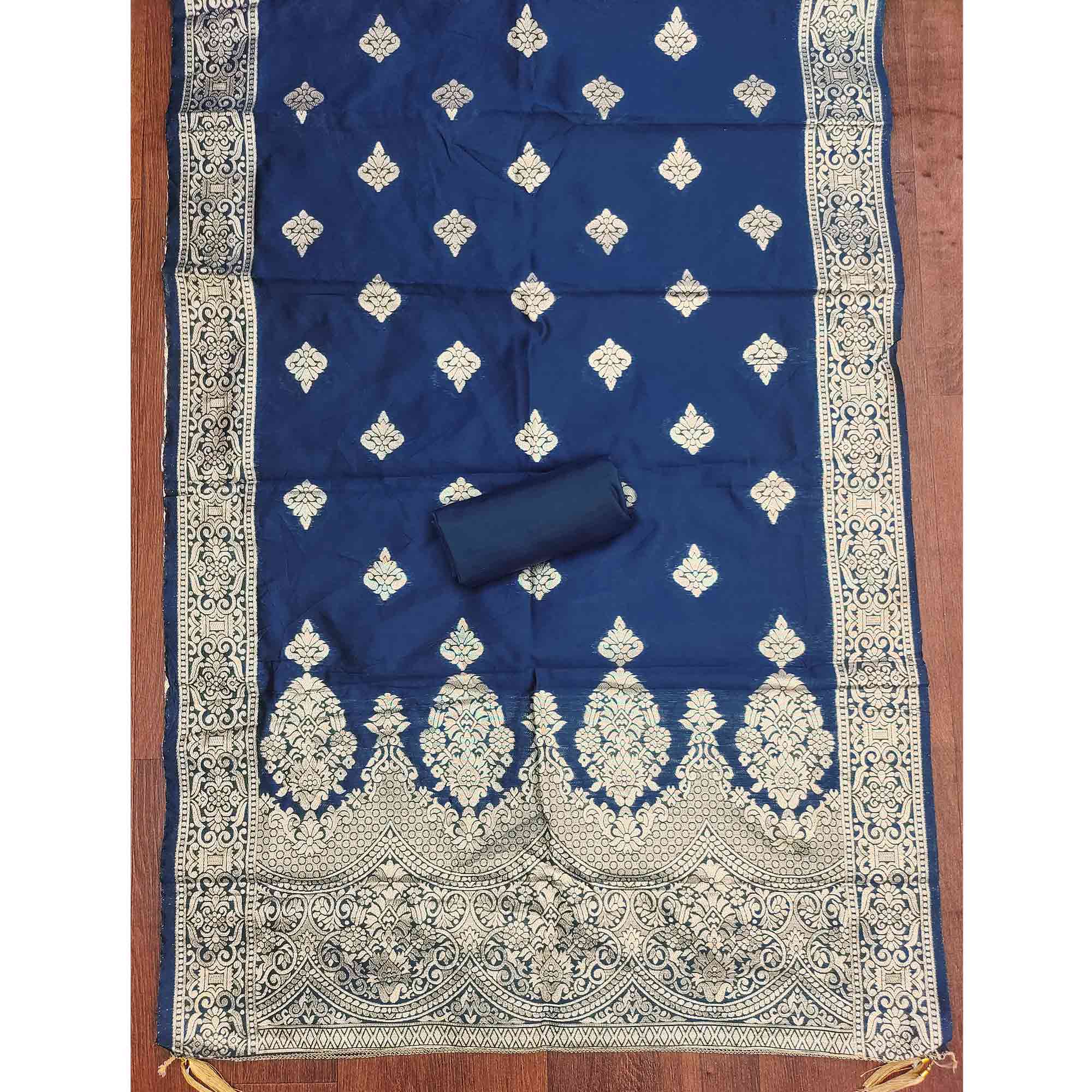 Cream & Blue Shimmer Dress Material Featuring Intricate Zari Weaving With Cording Embroidery