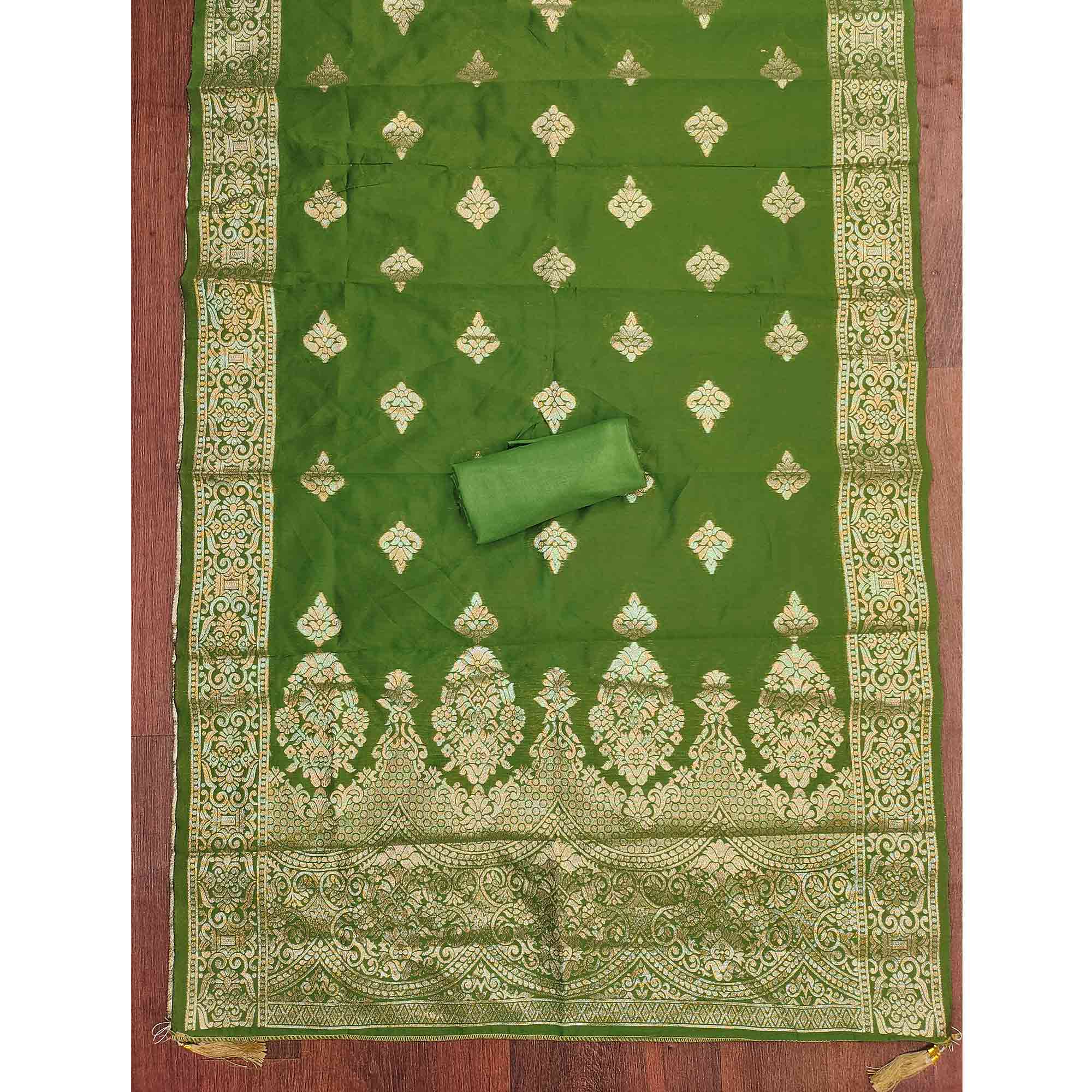 Cream & Green Shimmer Dress Material Featuring Intricate Zari Weaving With Cording Embroidery