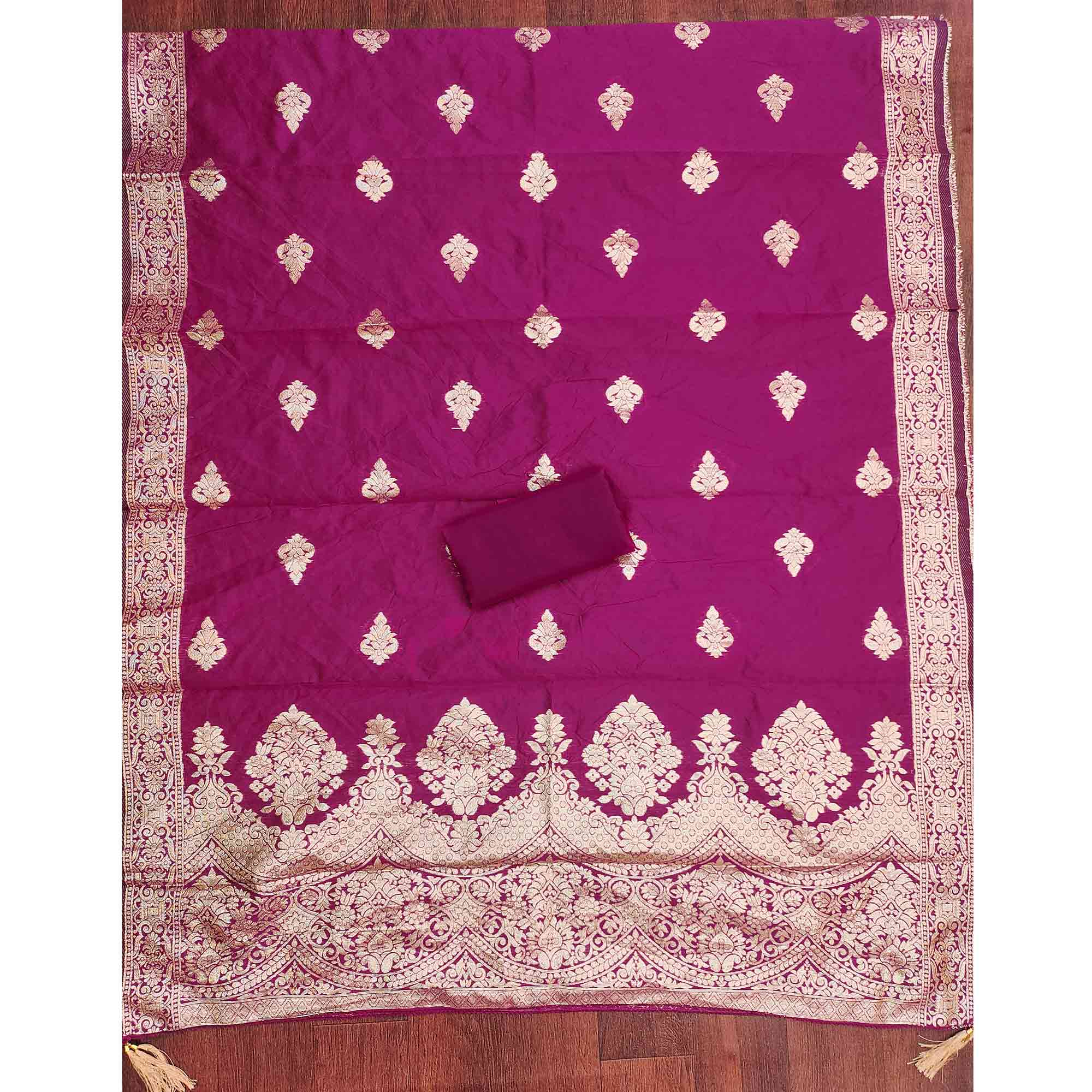 Cream & Wine Shimmer Dress Material Featuring Intricate Zari Weaving With Cording Embroidery