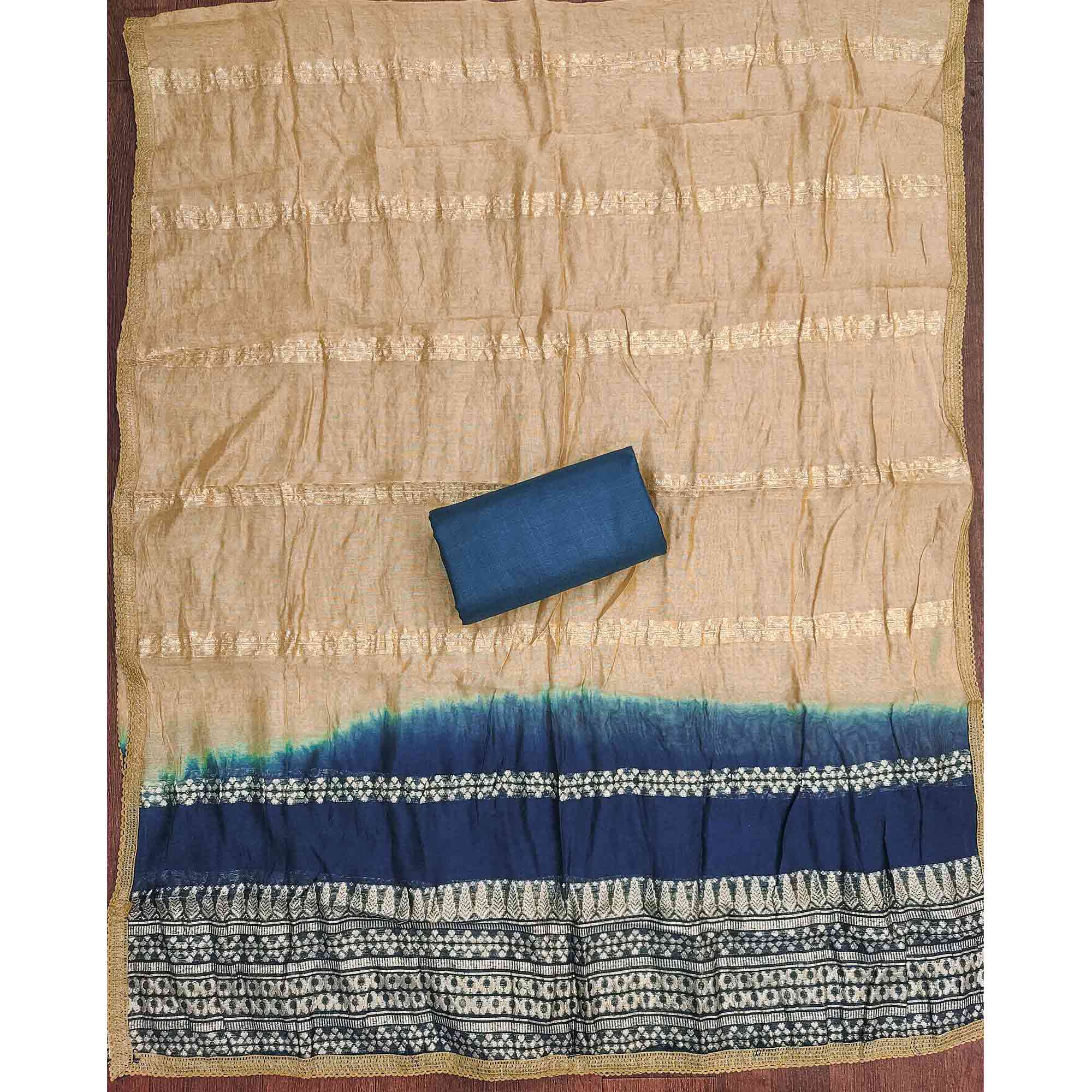 Blue Cotton Blend Dress Material Adorned With Elegant Floral Embroidery & Sequins Detailing