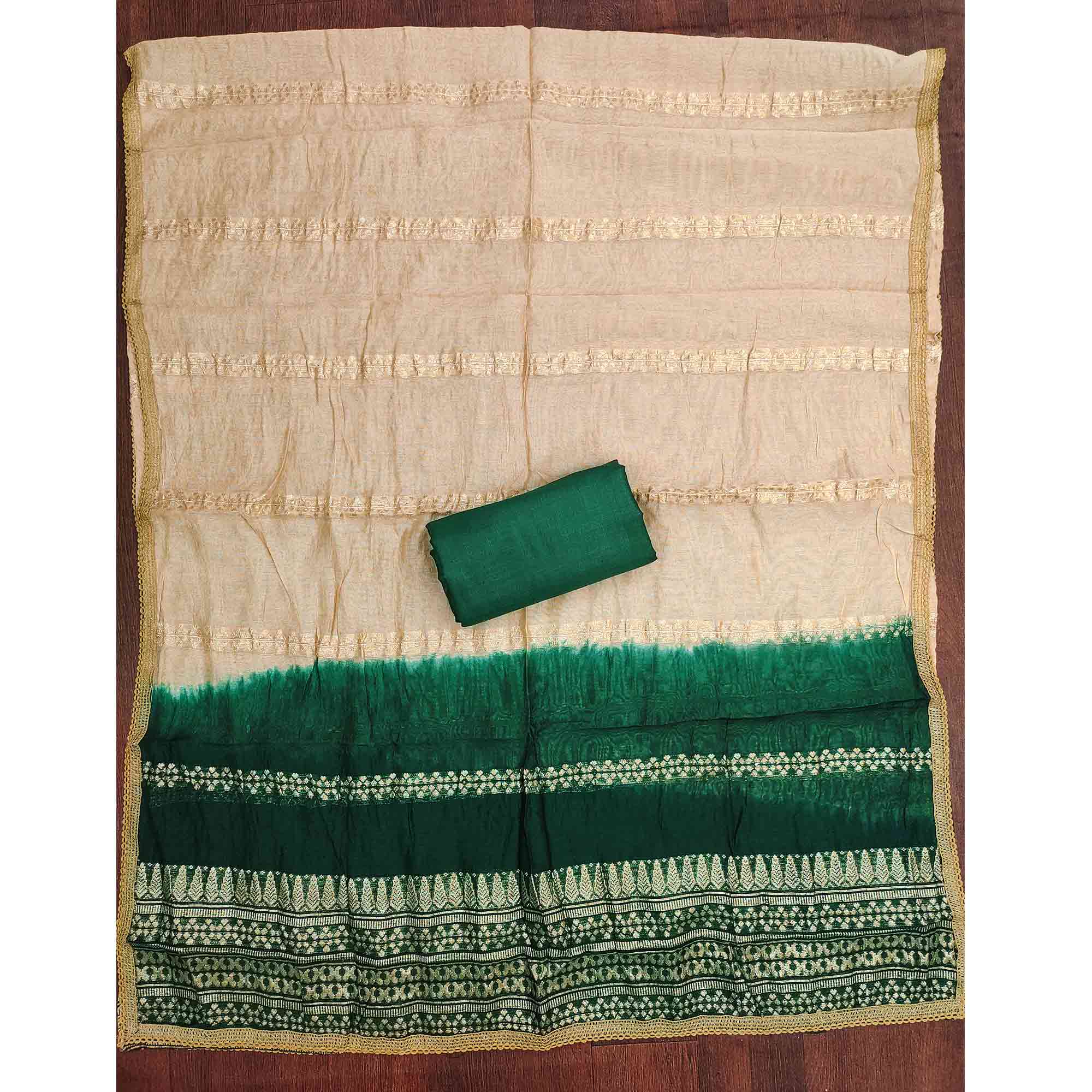 Green Cotton Blend Dress Material Adorned With Elegant Floral Embroidery & Sequins Detailing