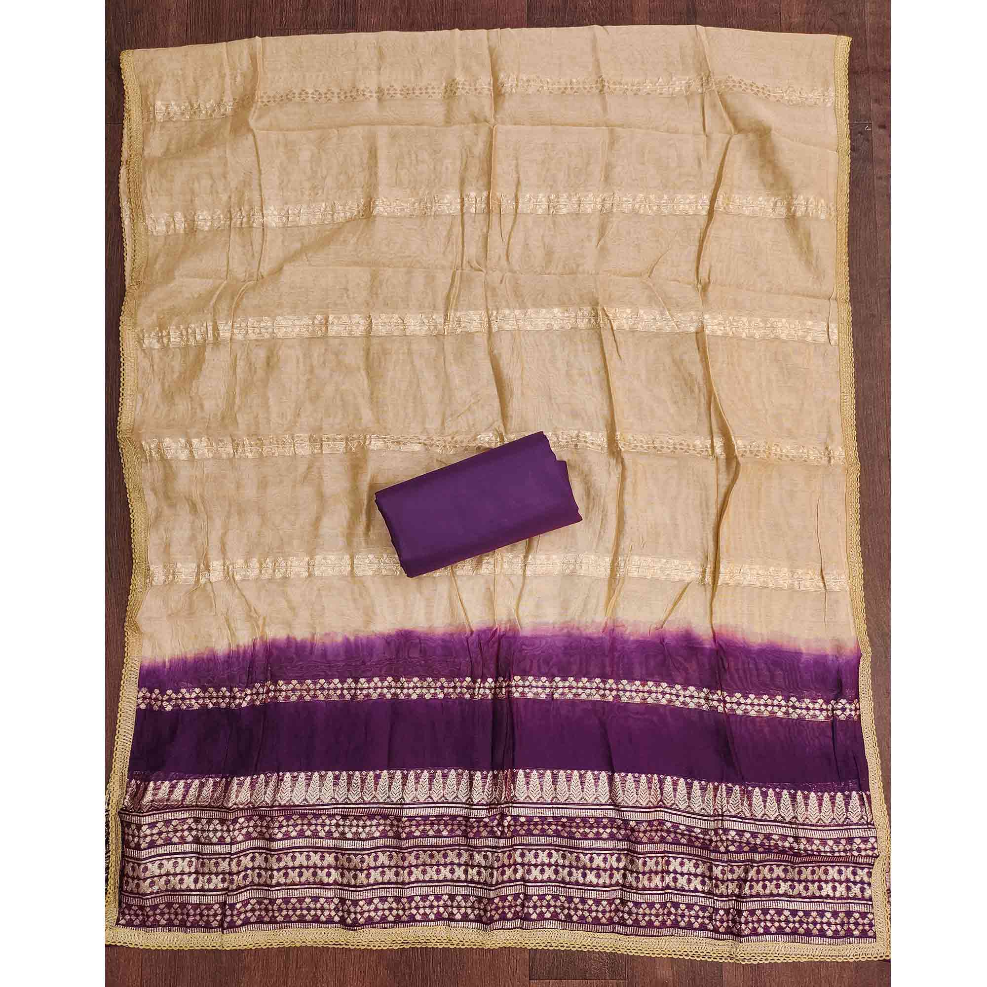 Purple Cotton Blend Dress Material Adorned With Elegant Floral Embroidery & Sequins Detailing