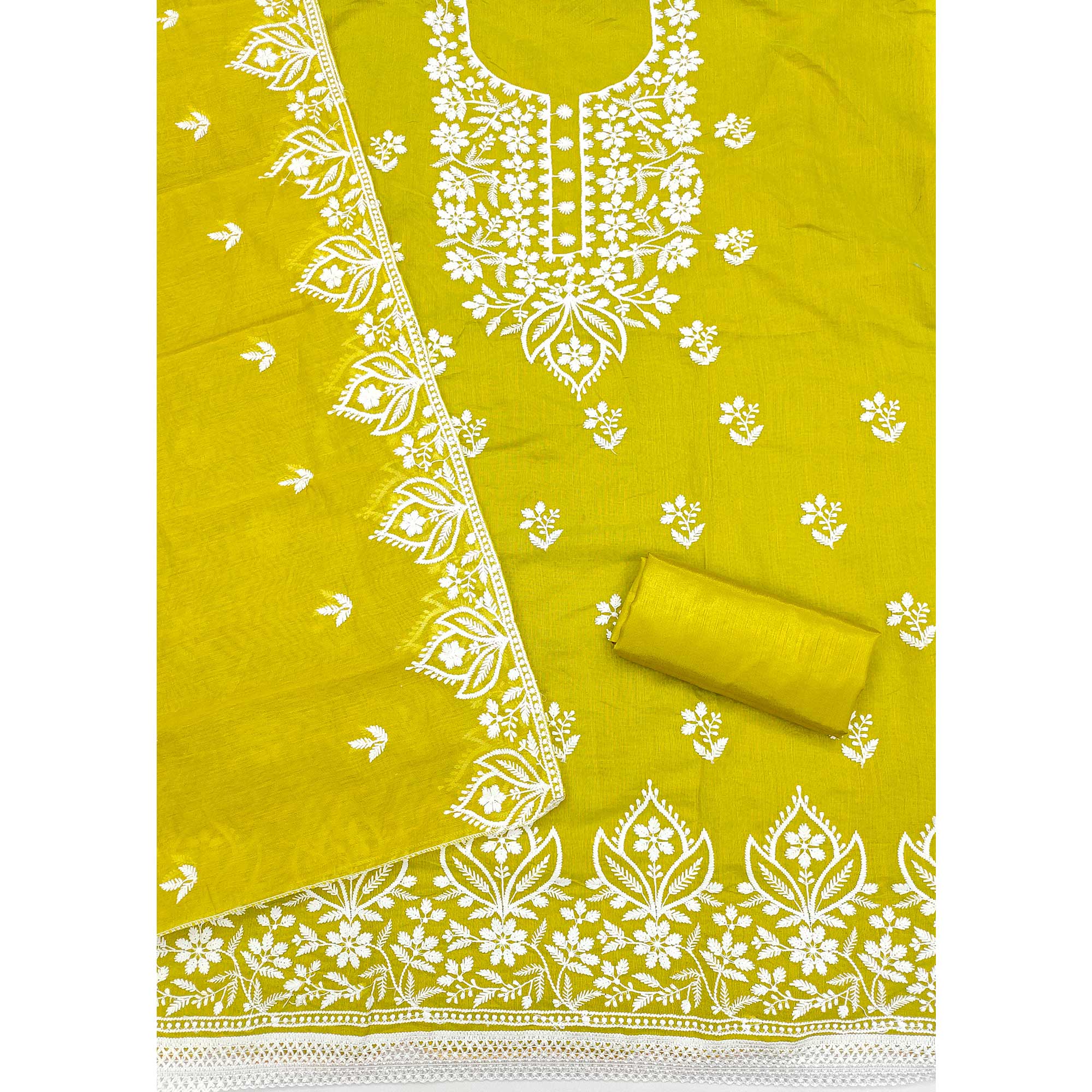 Designer Lemon Yellow Floral Thread Embroidered Chanderi Cotton Dress Material