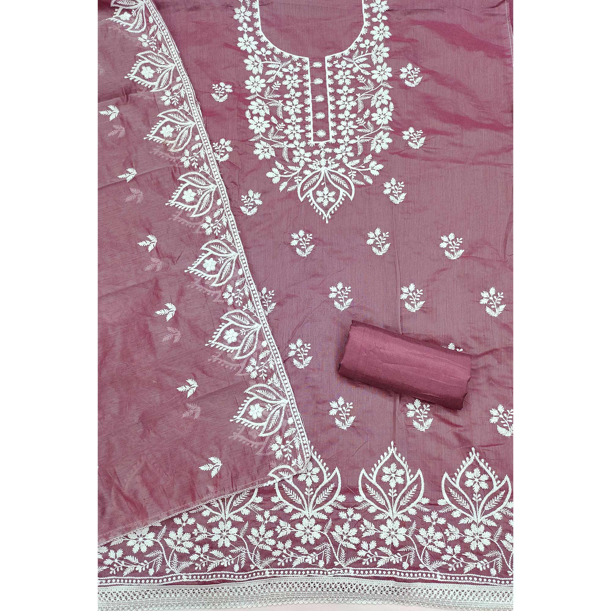 Designer Mauve Floral Thread Embroidered Chanderi Cotton Dress Material