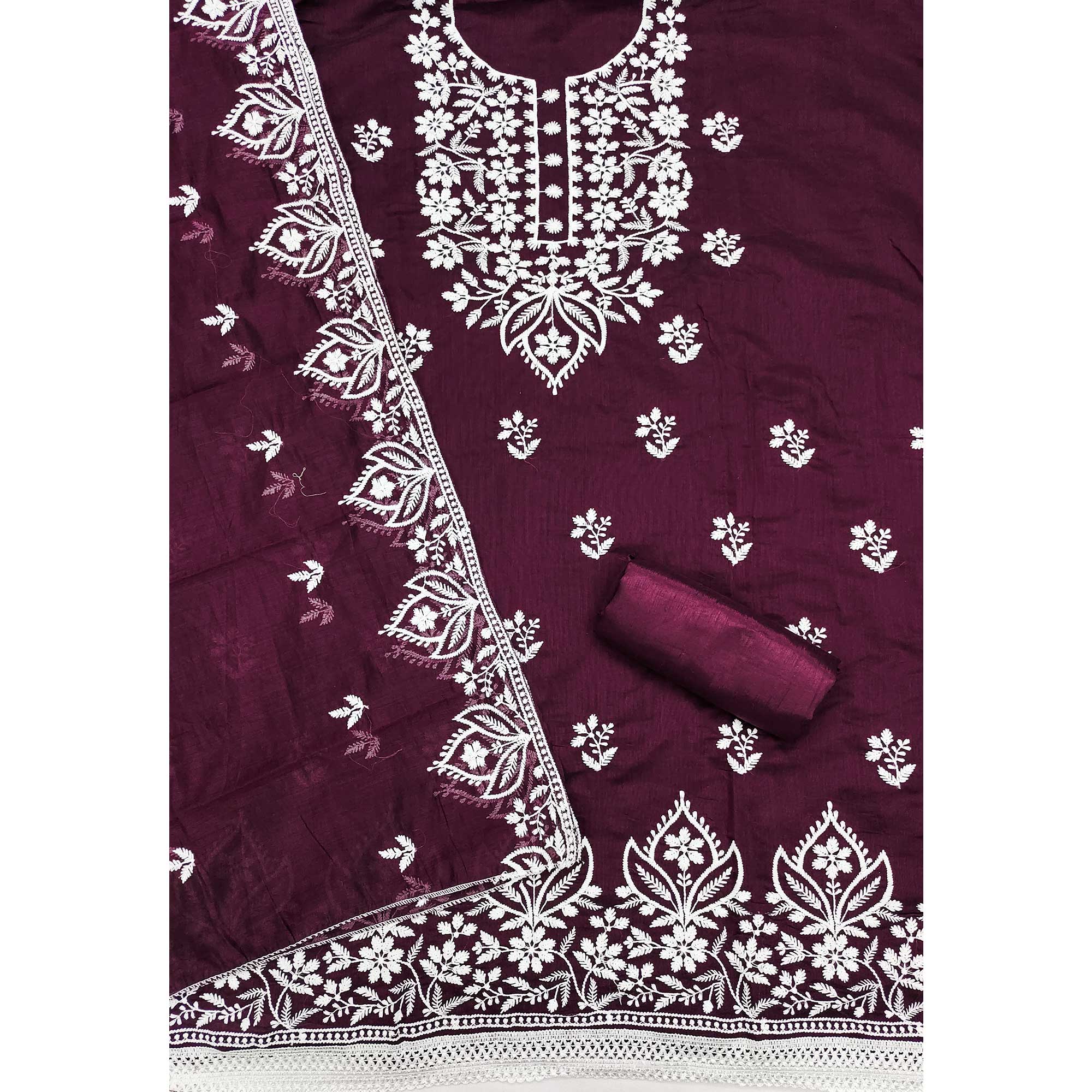 Designer Wine Floral Thread Embroidered Chanderi Cotton Dress Material