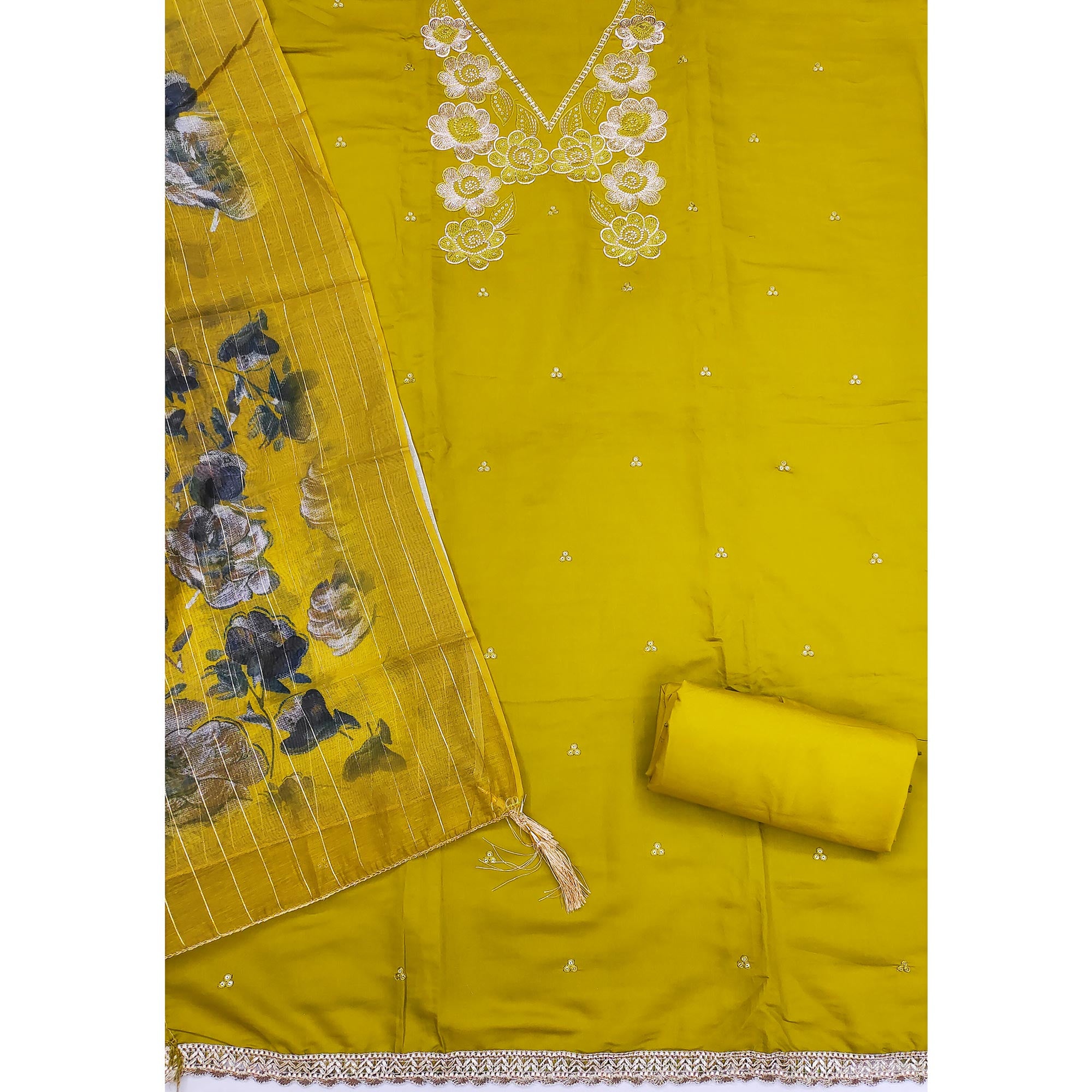 Ethnic Mustard Floral Thread Embroidered Roman Cotton Silk Dress Material With Subtle Sequins Work