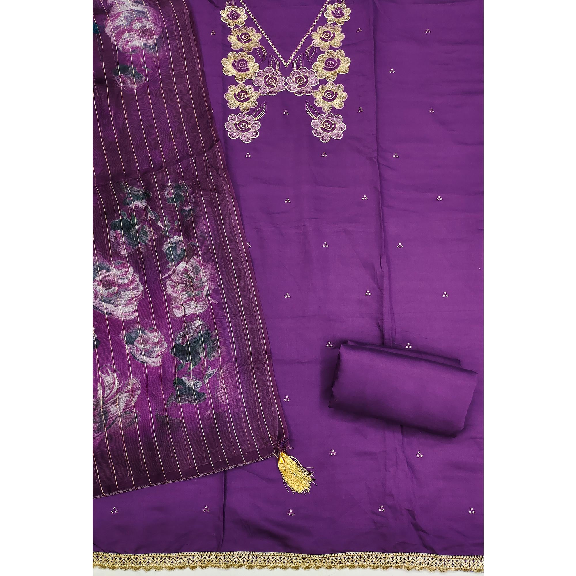 Ethnic Purple Floral Thread Embroidered Roman Cotton Silk Dress Material With Subtle Sequins Work