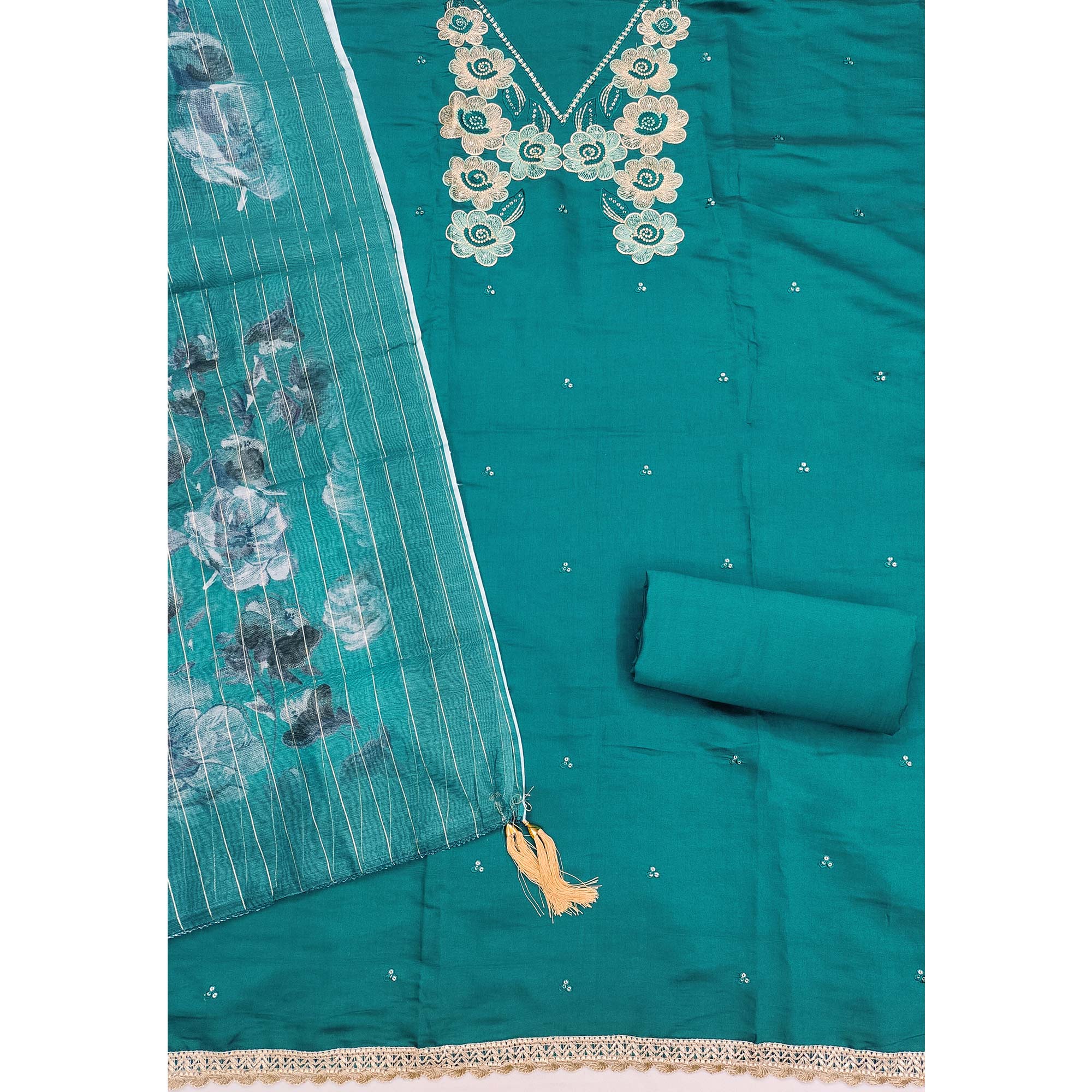 Ethnic Teal Floral Thread Embroidered Roman Cotton Silk Dress Material With Subtle Sequins Work