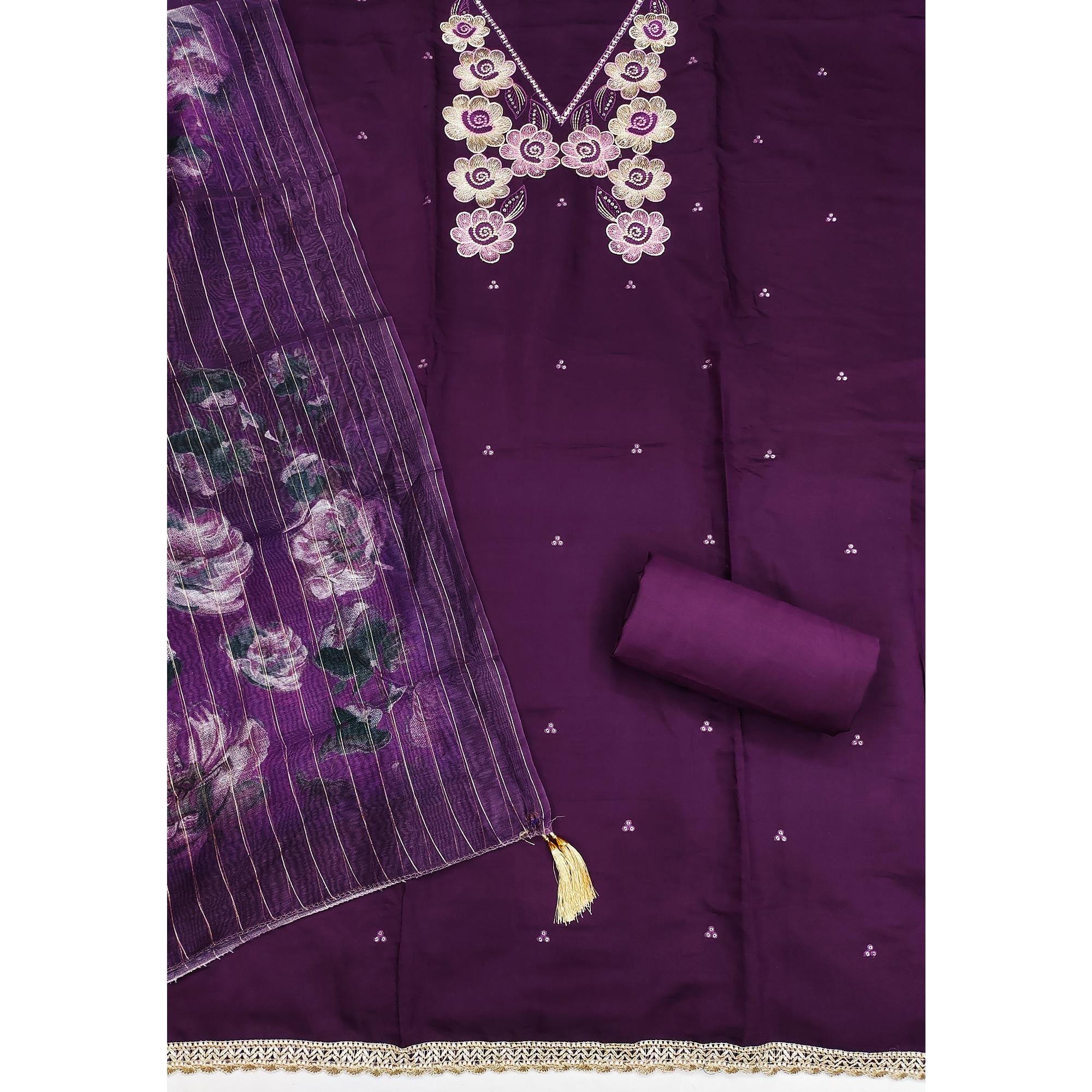 Ethnic Wine Floral Thread Embroidered Roman Cotton Silk Dress Material With Subtle Sequins Work