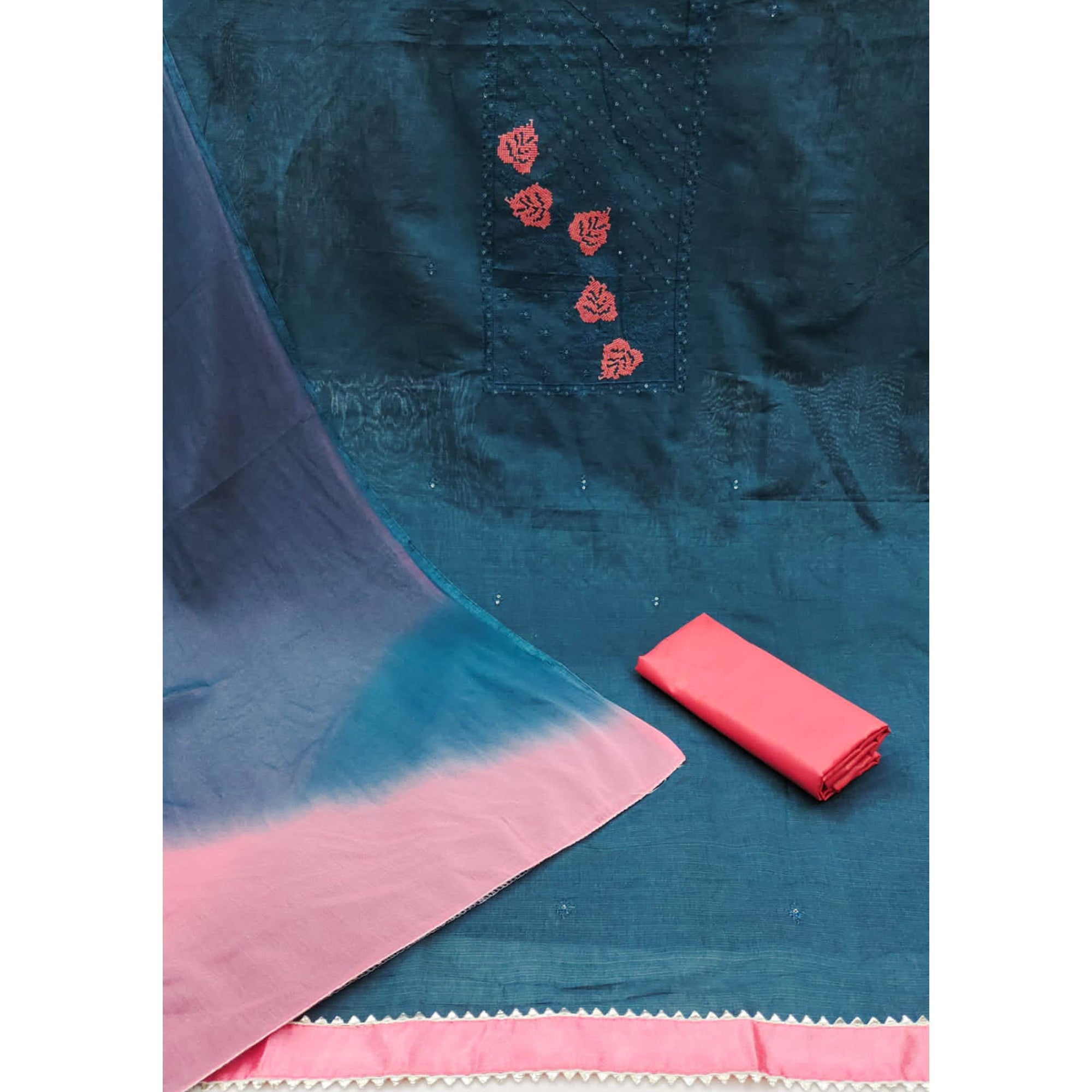 Morpich Blue Cotton Blend Dress Material Featuring Thread Embroidery & Sequins Embellishment