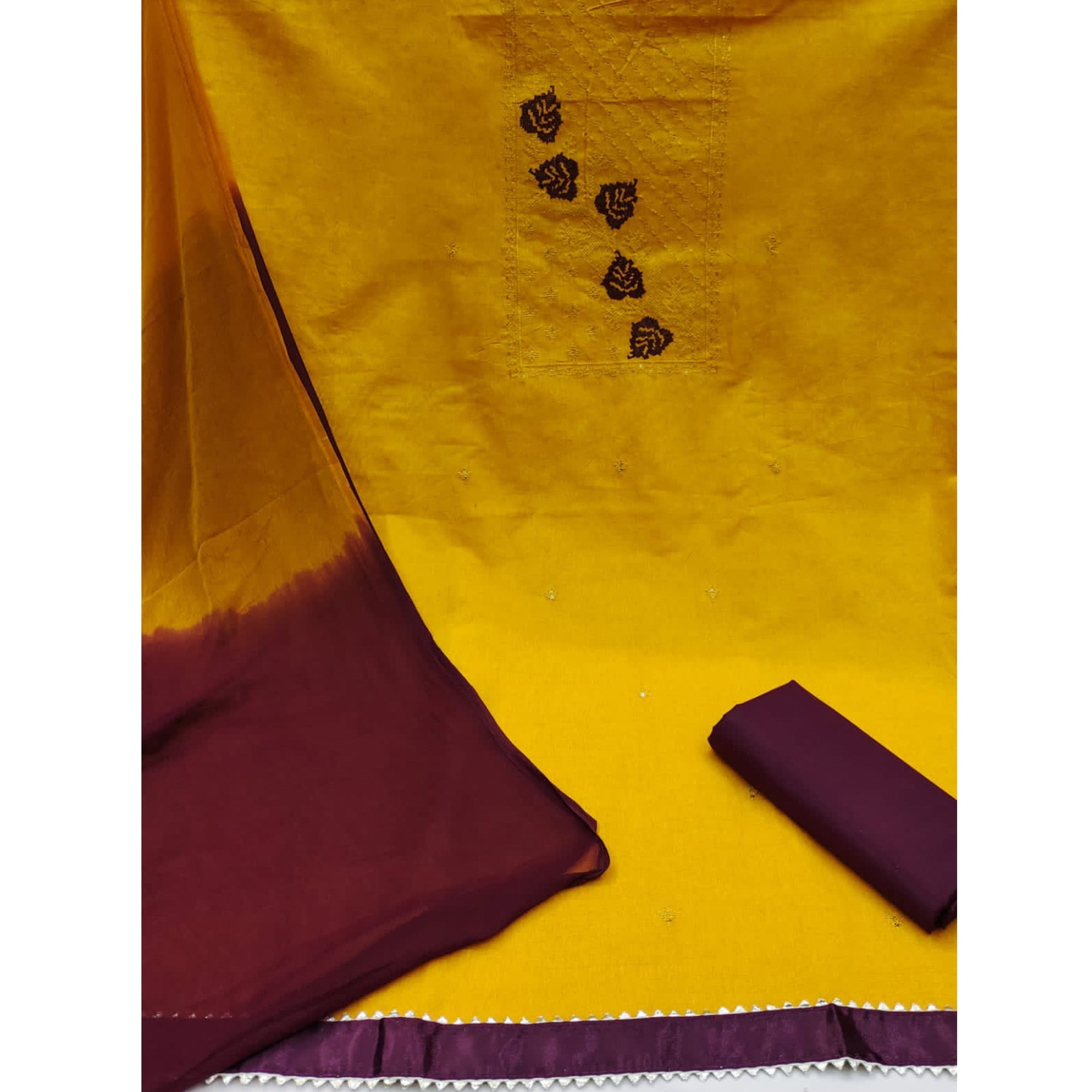 Mustard Cotton Blend Dress Material Featuring Thread Embroidery & Sequins Embellishment