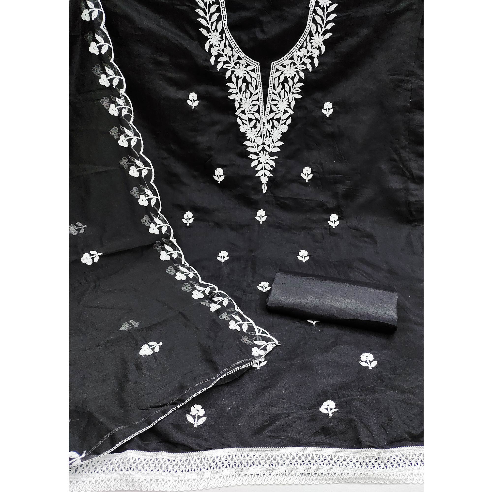 Black Chanderi Cotton Dress Material With Delicate Floral Thread Embroidery
