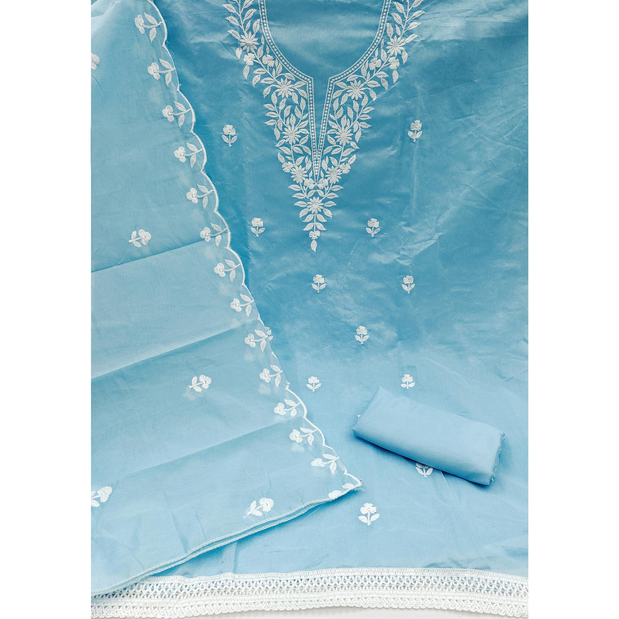 Blue Chanderi Cotton Dress Material With Delicate Floral Thread Embroidery