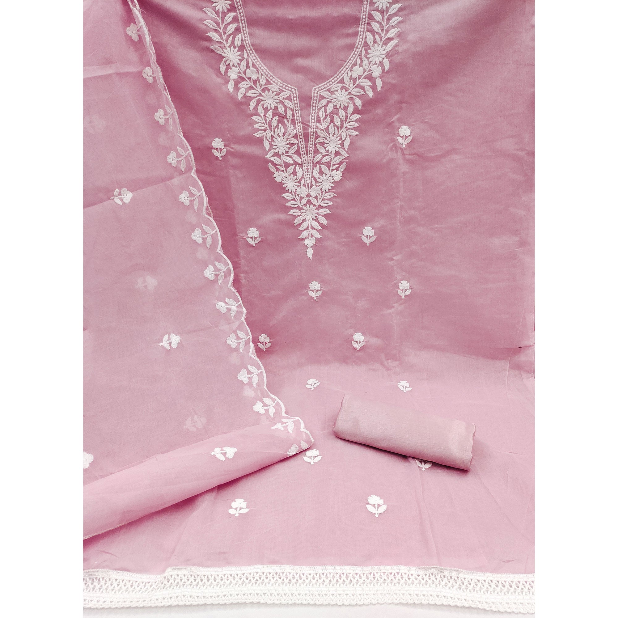 Pink Chanderi Cotton Dress Material With Delicate Floral Thread Embroidery