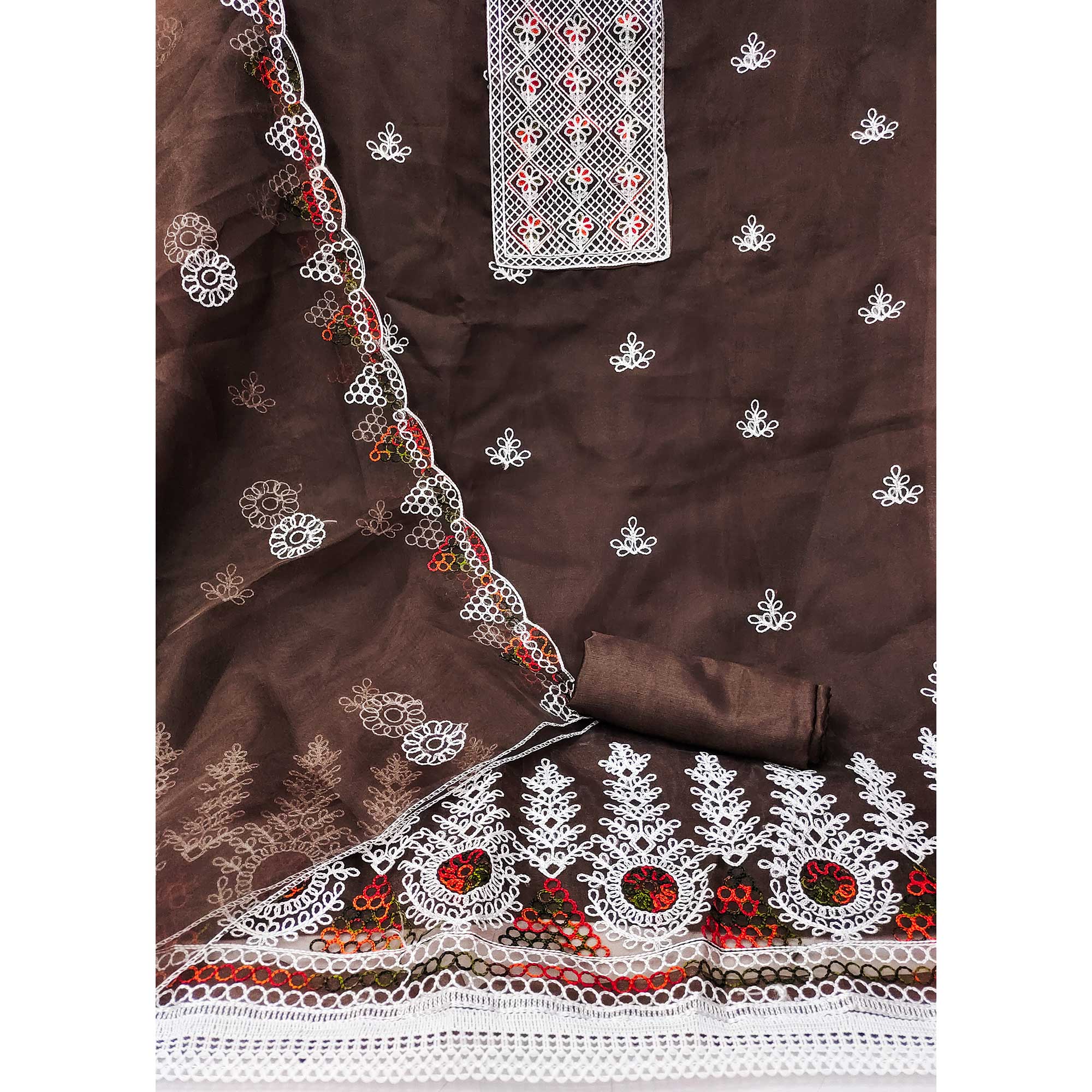 Brown Floral Embroidered Organza Dress Material