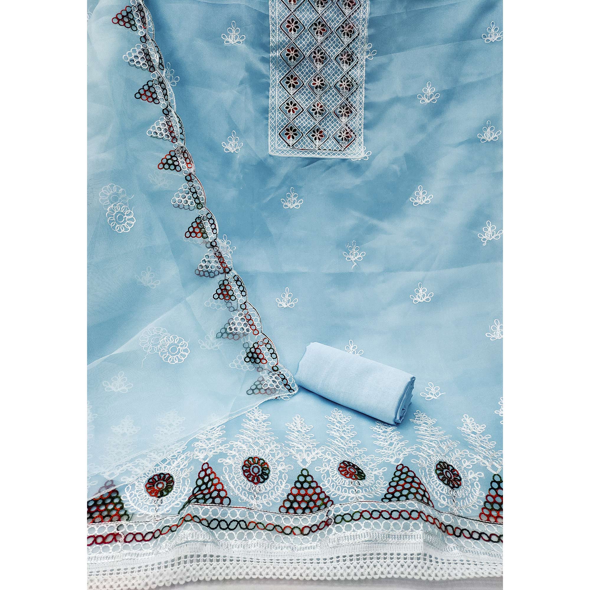 Sky Blue Floral Embroidered Organza Dress Material