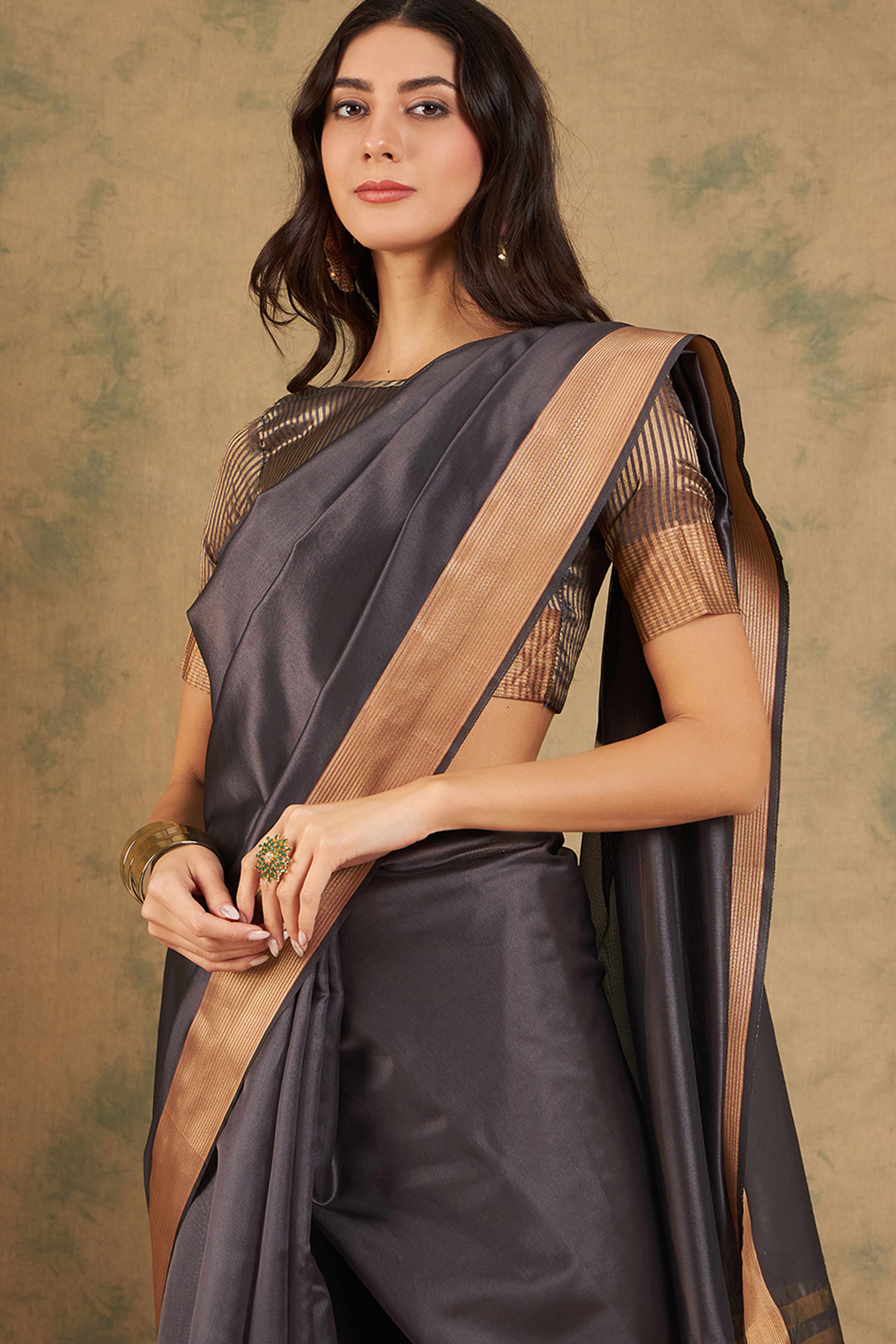 Grey Organza Saree In Organza With Delicate Weaving Border And Tassel Details