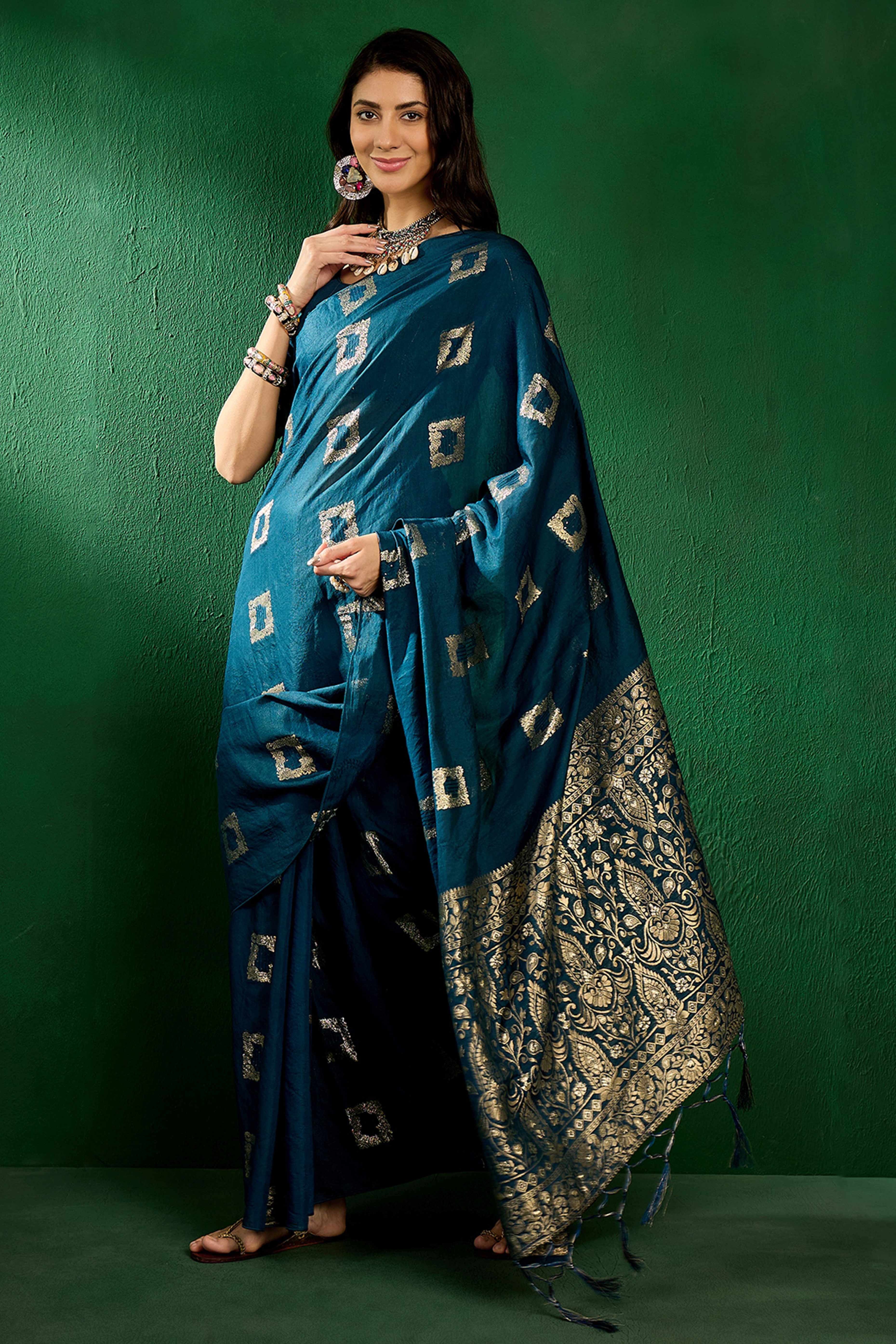 Morpich Blue Woven Staple Cotton Blend Saree With Intricate Floral Motifs & Tassel-Embellished Pallu