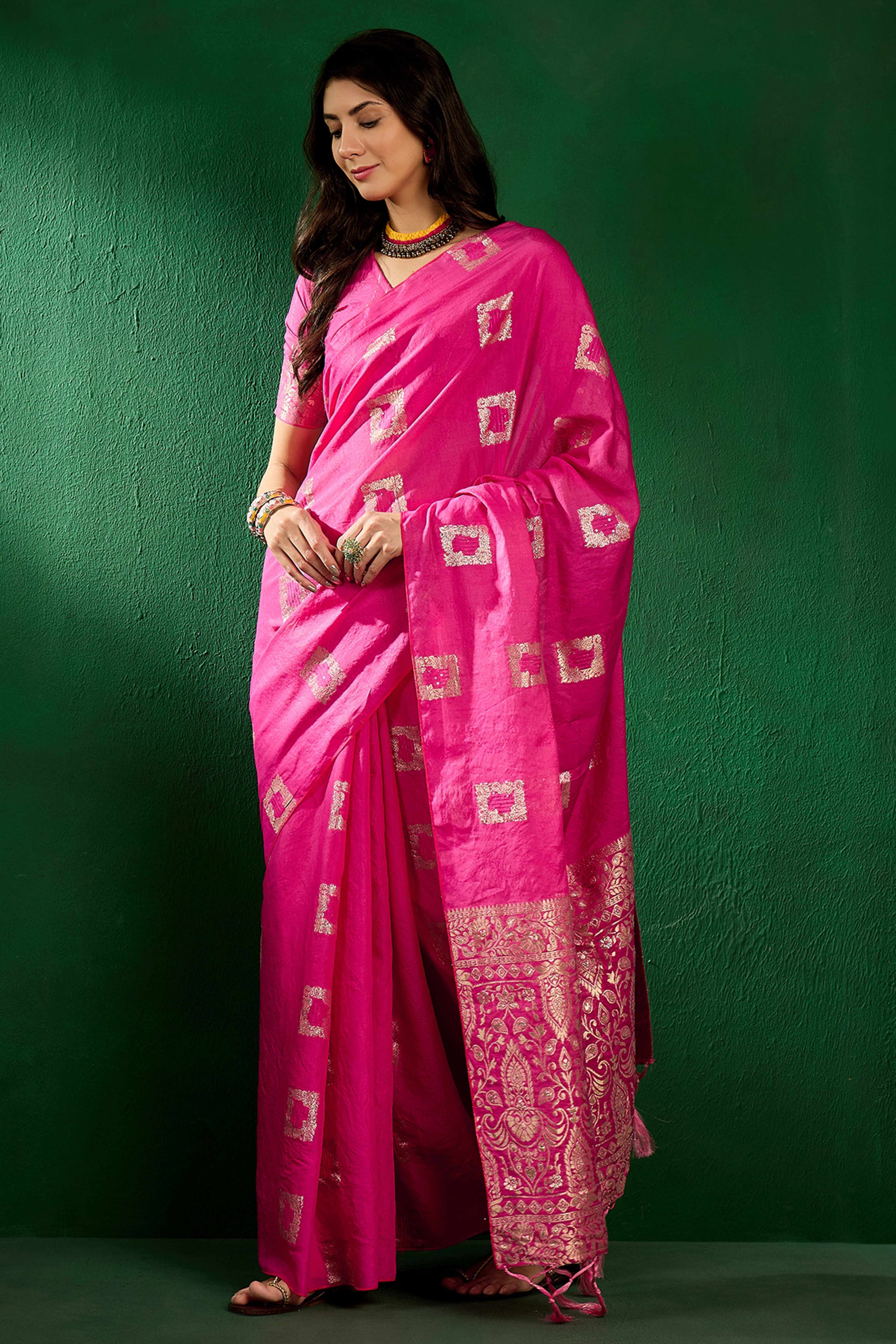 Rani Pink Woven Staple Cotton Blend Saree With Intricate Floral Motifs & Tassel-Embellished Pallu