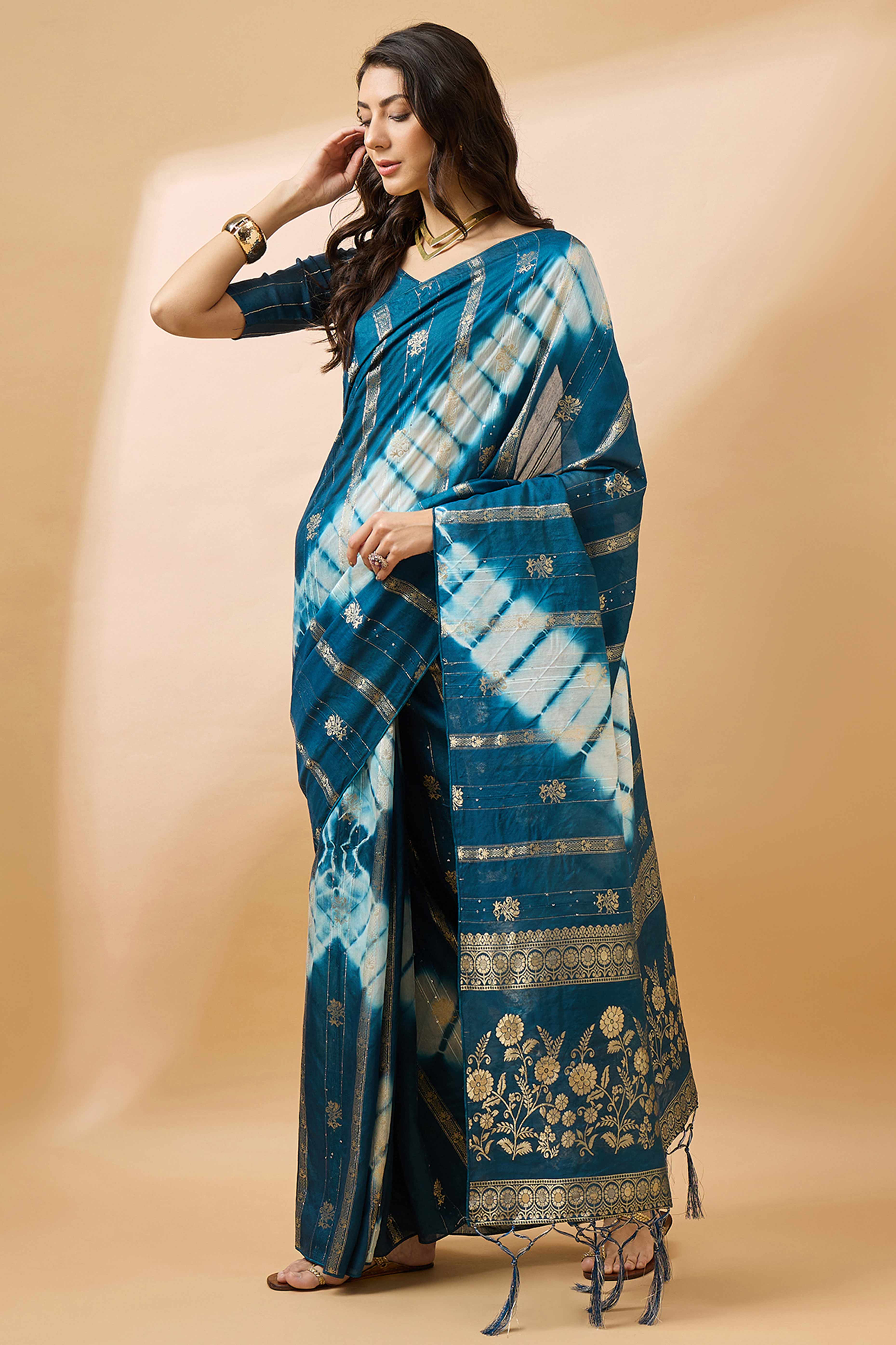 Blue Floral Woven Staple Cotton Blend Saree Highlighted With Sequins Embroidery & Tasselled Pallu