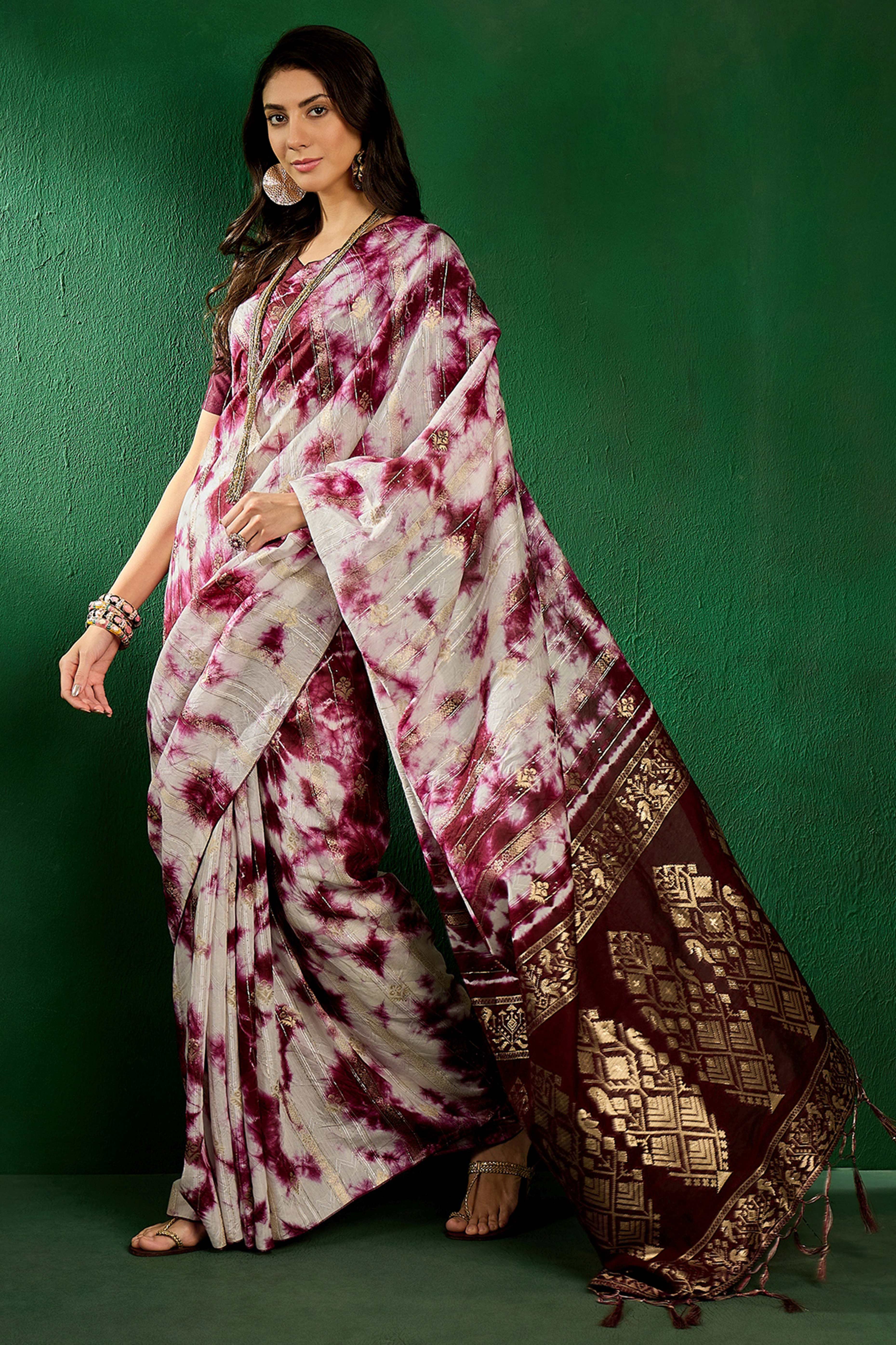 Floral Zari Woven Wine Saree In Cotton Blend With Sparkling Sequins & Elegant Tassel Pallu