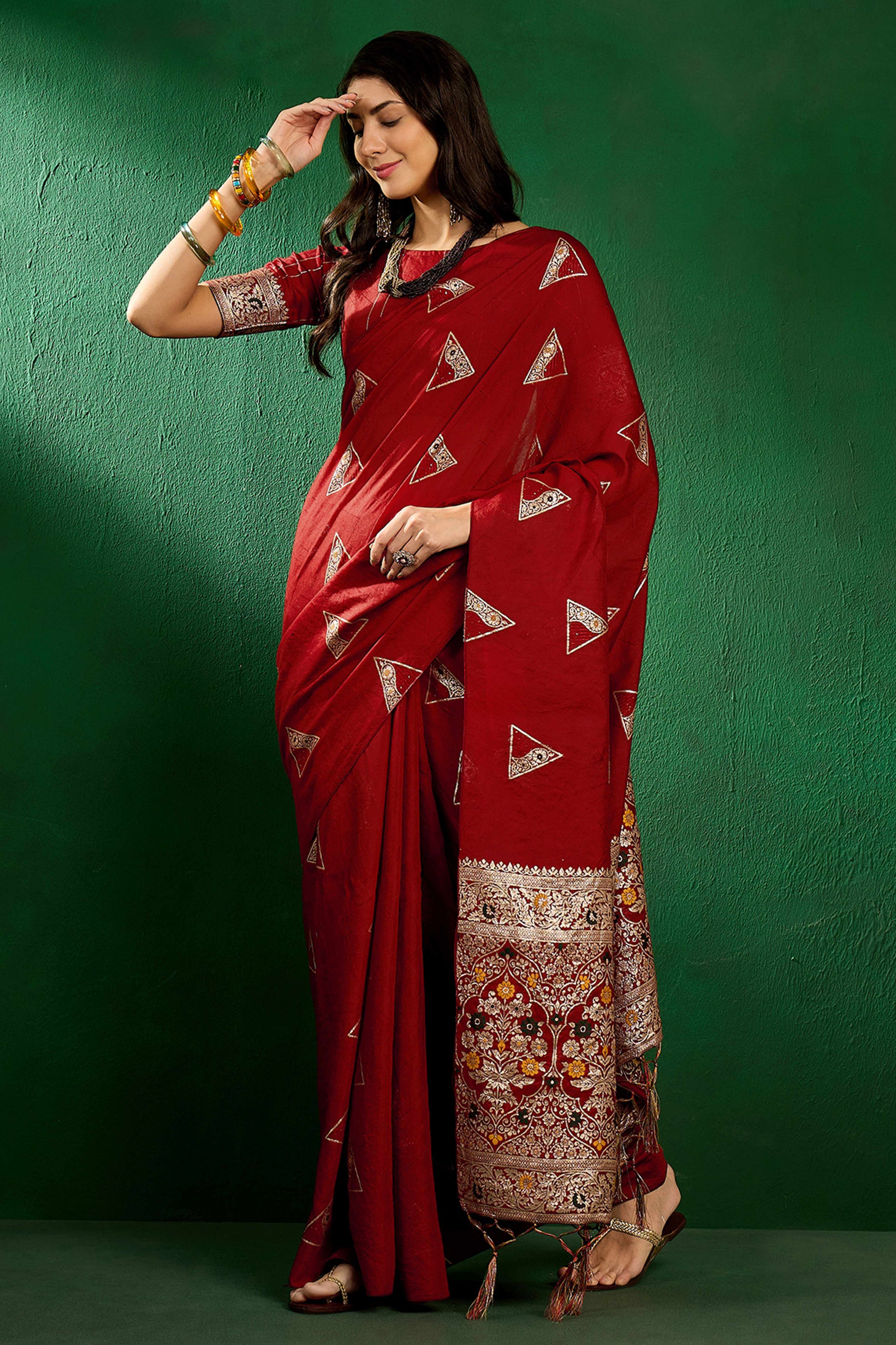 Maroon Floral Woven Staple Cotton Blend Saree With Sparkling Sequin Embroidery & Graceful Tassel Pallu
