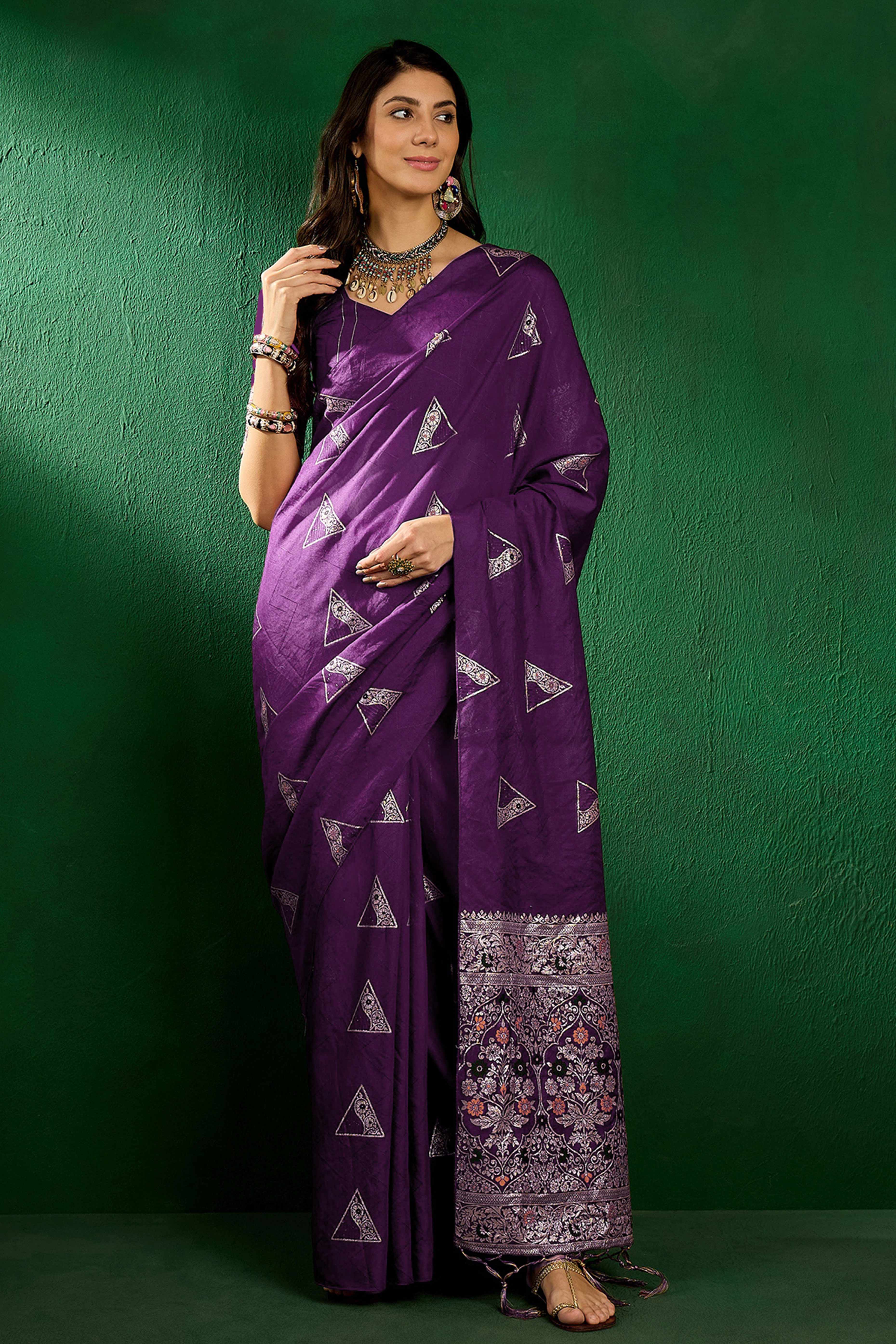 Purple Floral Woven Staple Cotton Blend Saree With Sparkling Sequin Embroidery & Graceful Tassel Pallu