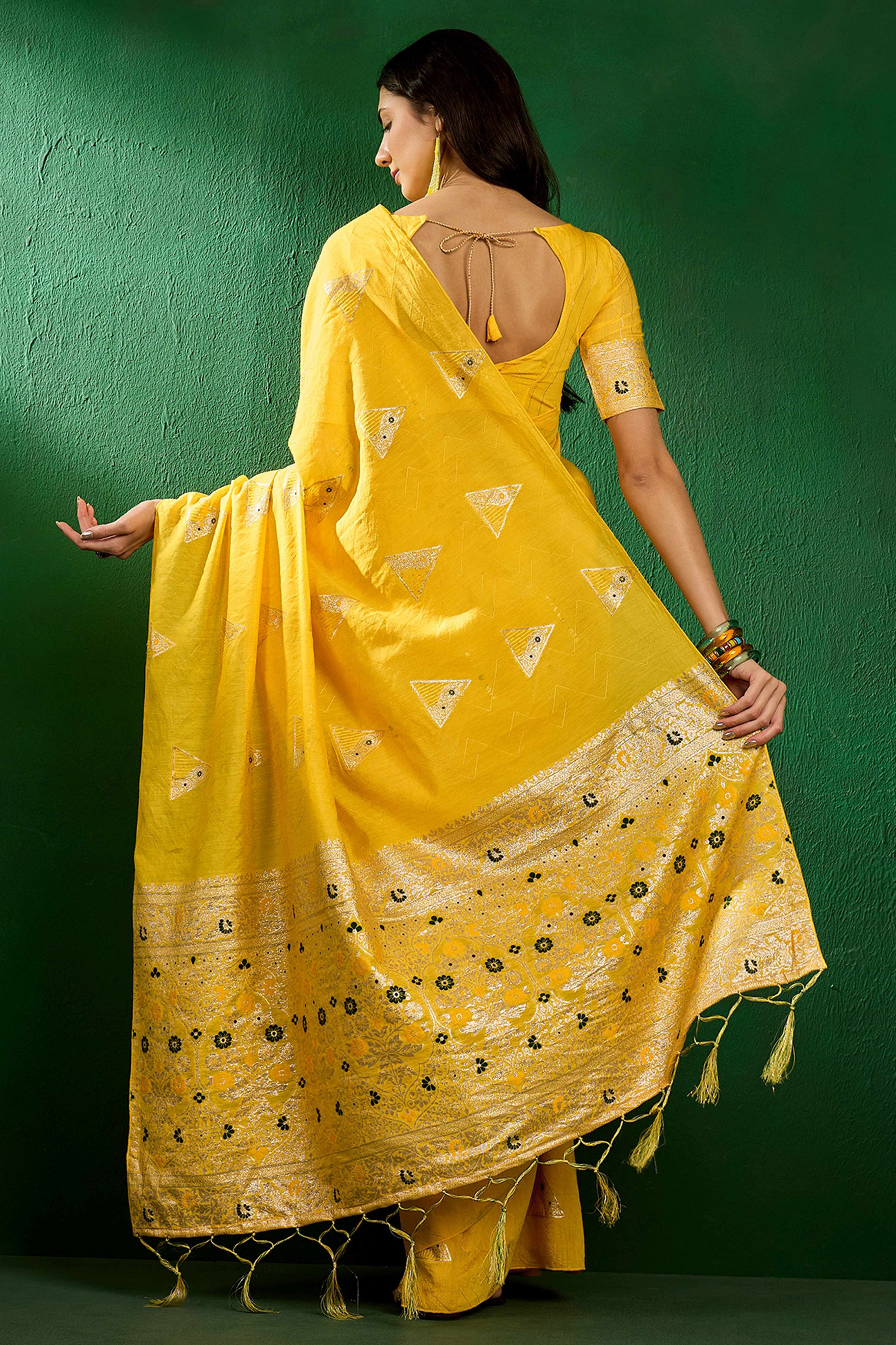 Yellow Floral Woven Staple Cotton Blend Saree With Sparkling Sequin Embroidery & Graceful Tassel Pallu