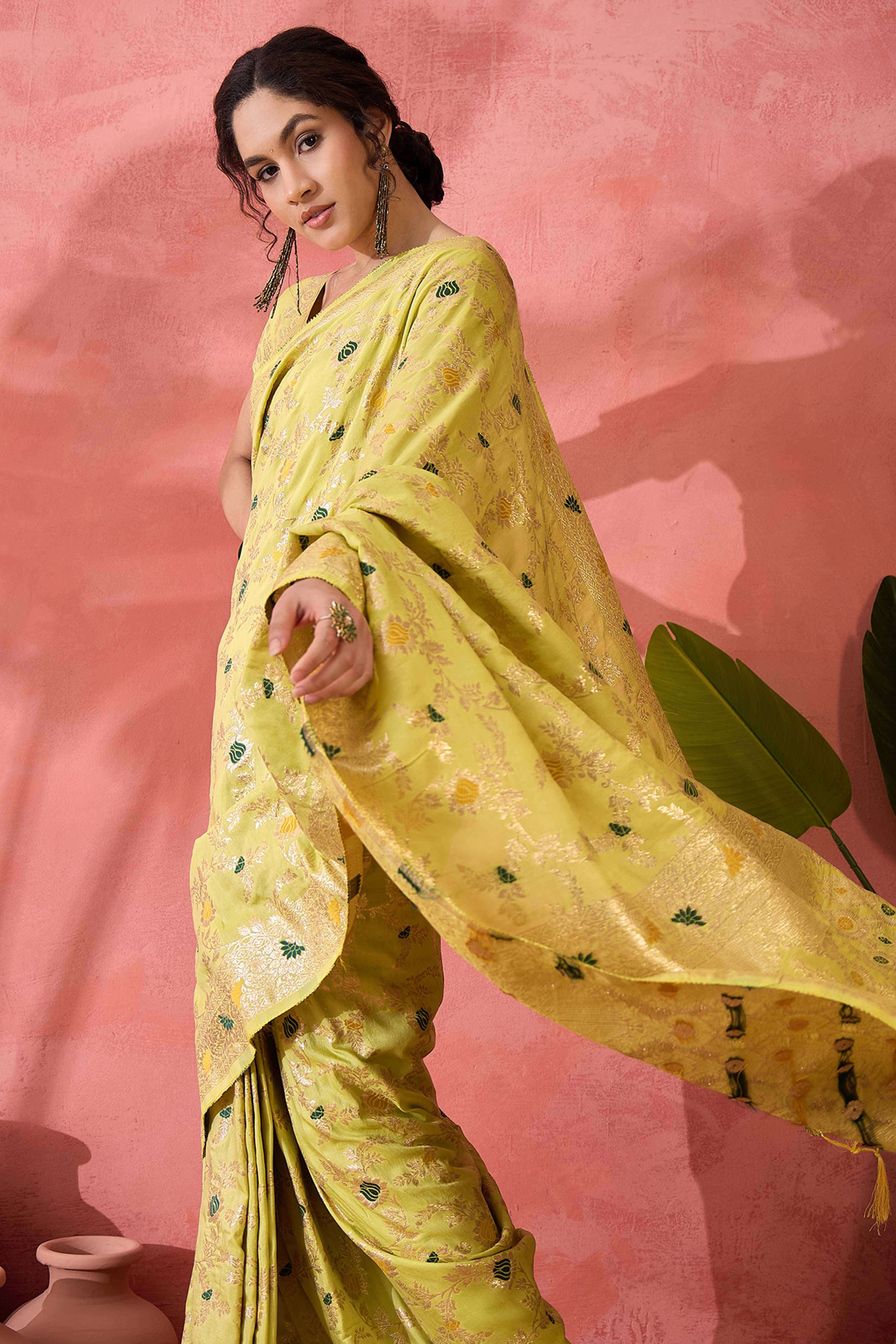 Light Yellow Cotton Blend Jacquard Saree Featuring Intricate Floral Weaving & Tassels On The Pallu