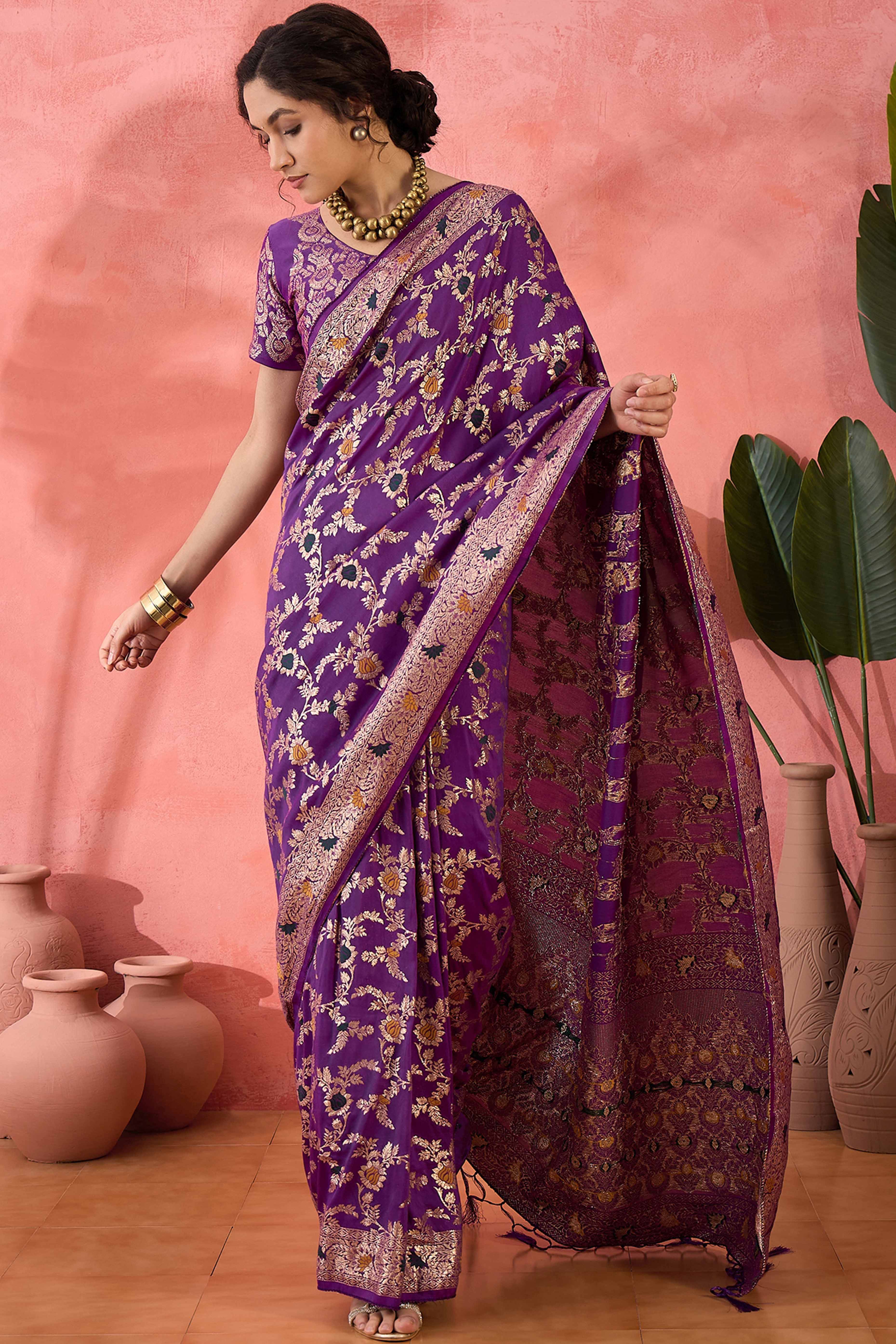 Purple Cotton Meena jacquard Saree Featuring Intricate Floral Weaving & Tassels On The Pallu