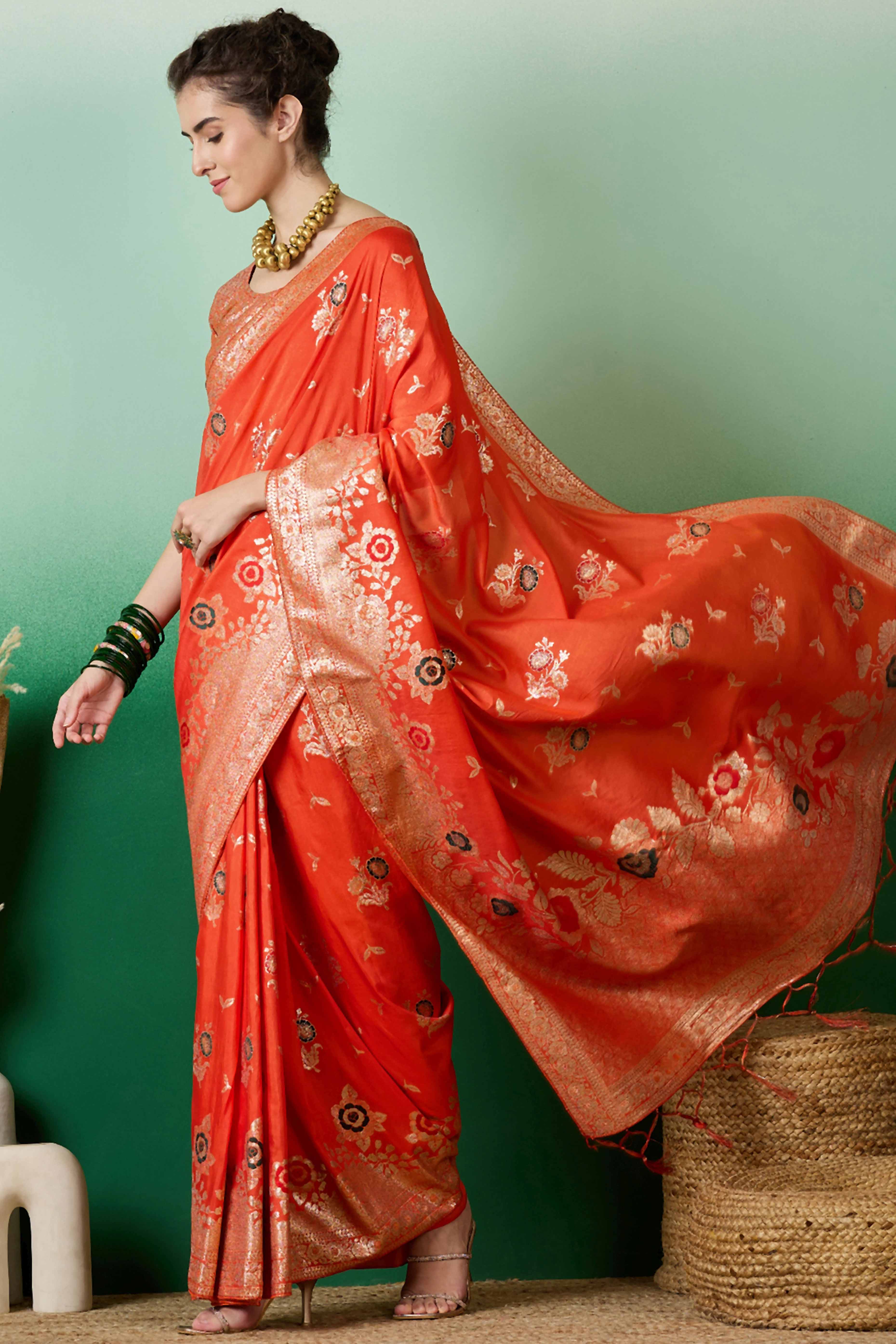 Orange Cotton Blend Saree Embellished With Floral Zari Weaving & Tasselled Pallu