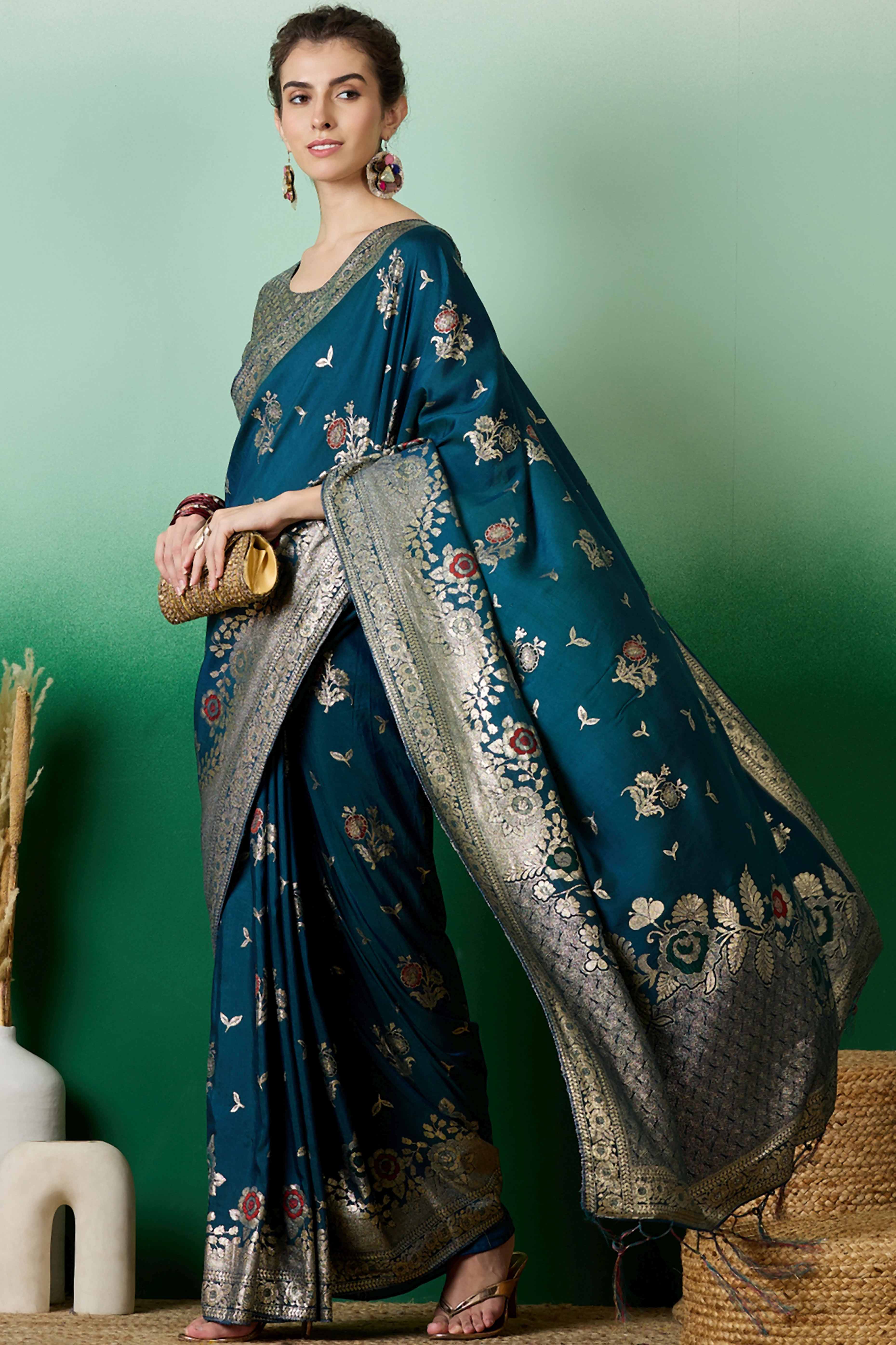 Teal Cotton Blend Saree Embellished With Floral Zari Weaving & Tasselled Pallu