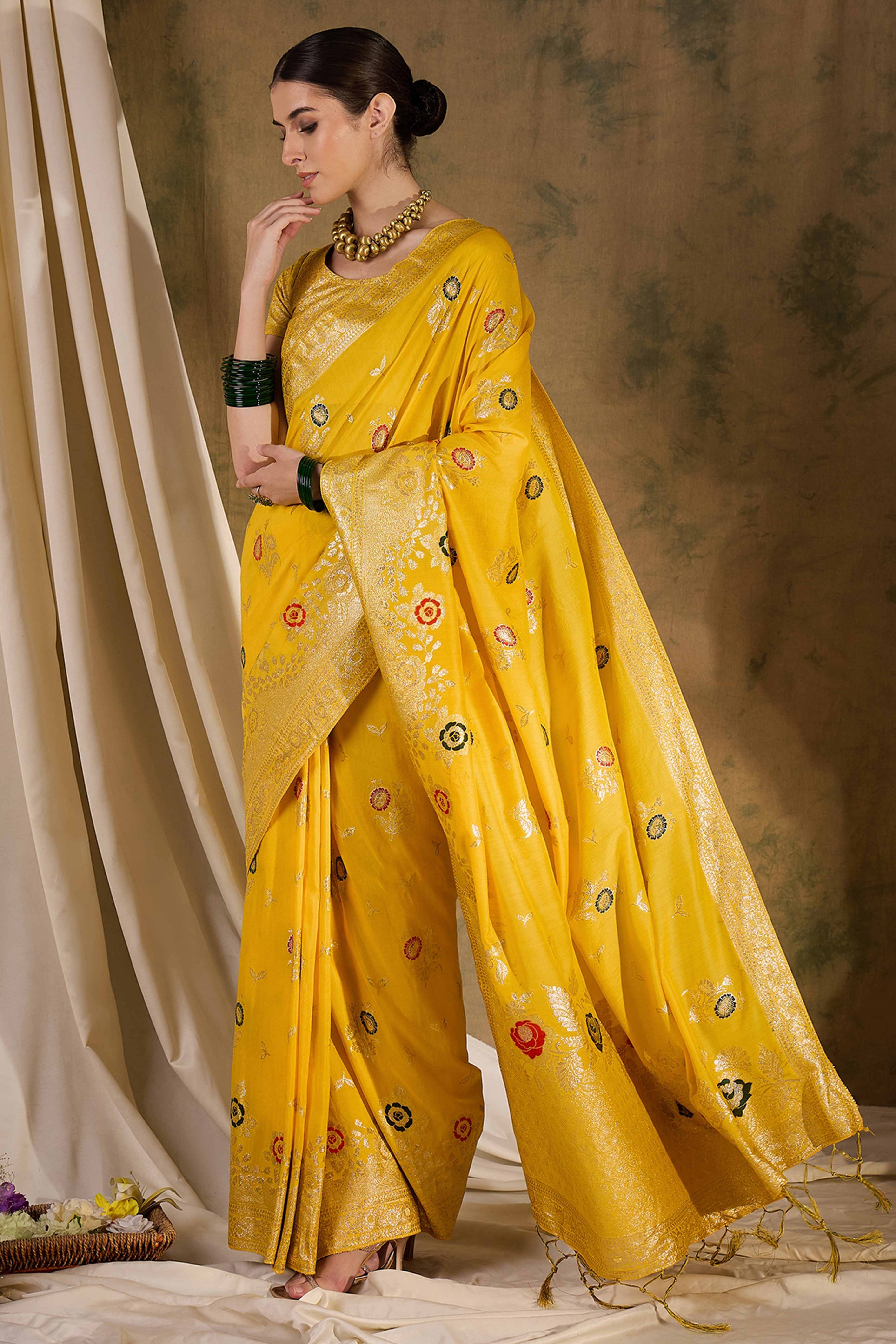 Yellow Cotton Blend Saree Embellished With Floral Zari Weaving & Tasselled Pallu
