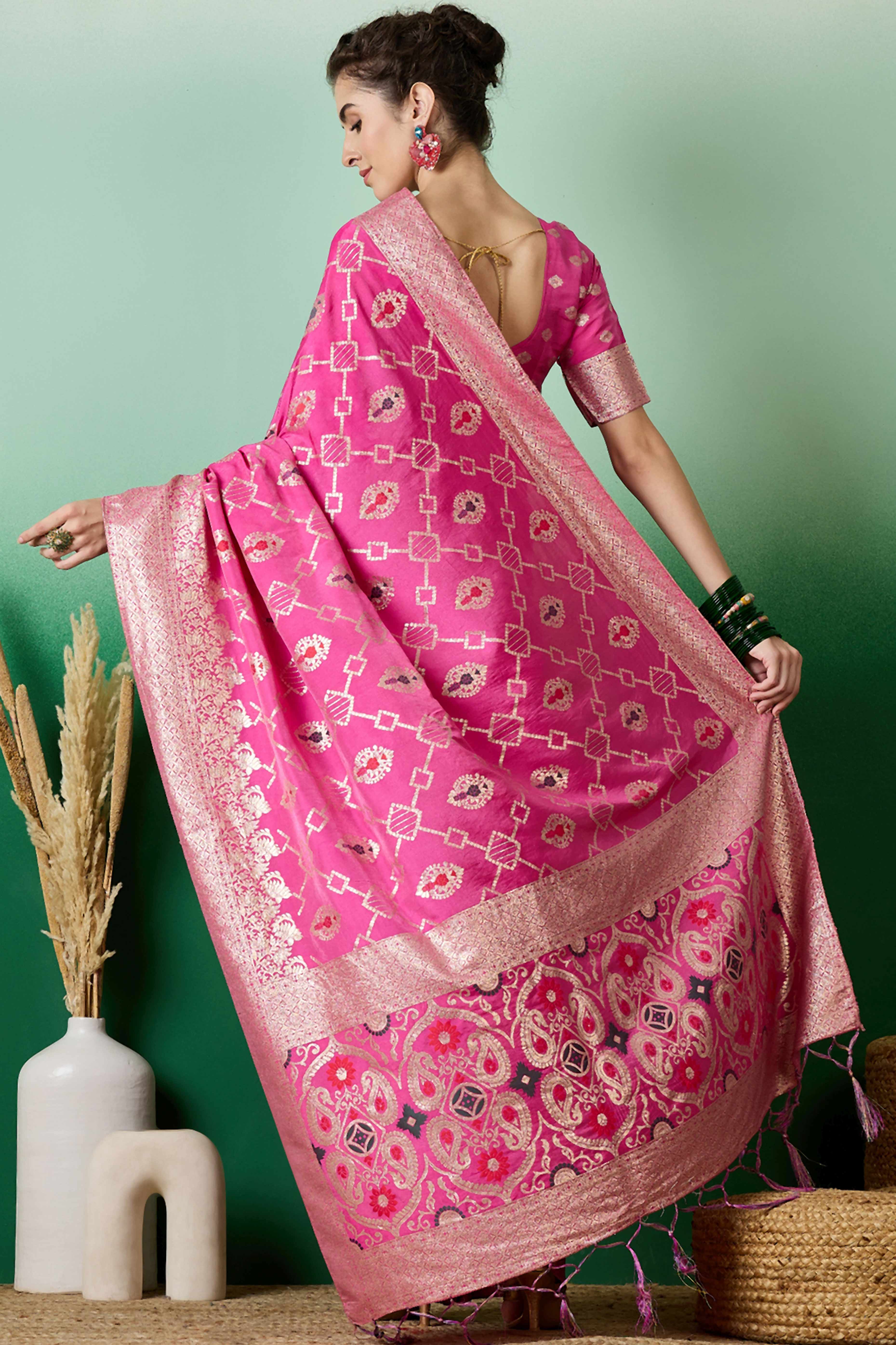 Pink Zari Woven Staple Cotton Blend Saree With Floral Motifs & Tassel Detailed Pallu