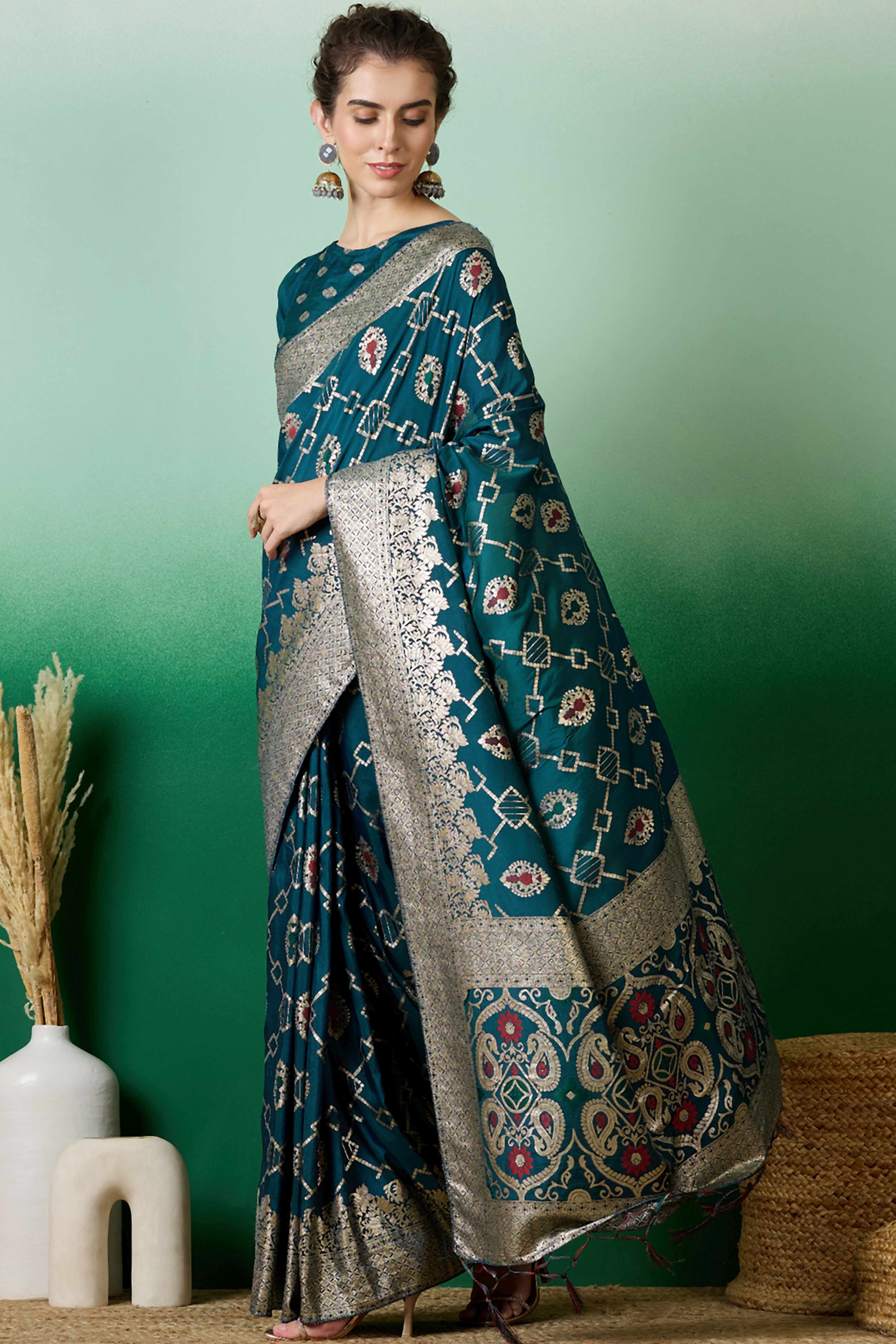 Teal Zari Woven Staple Cotton Blend Saree With Floral Motifs & Tassel Detailed Pallu