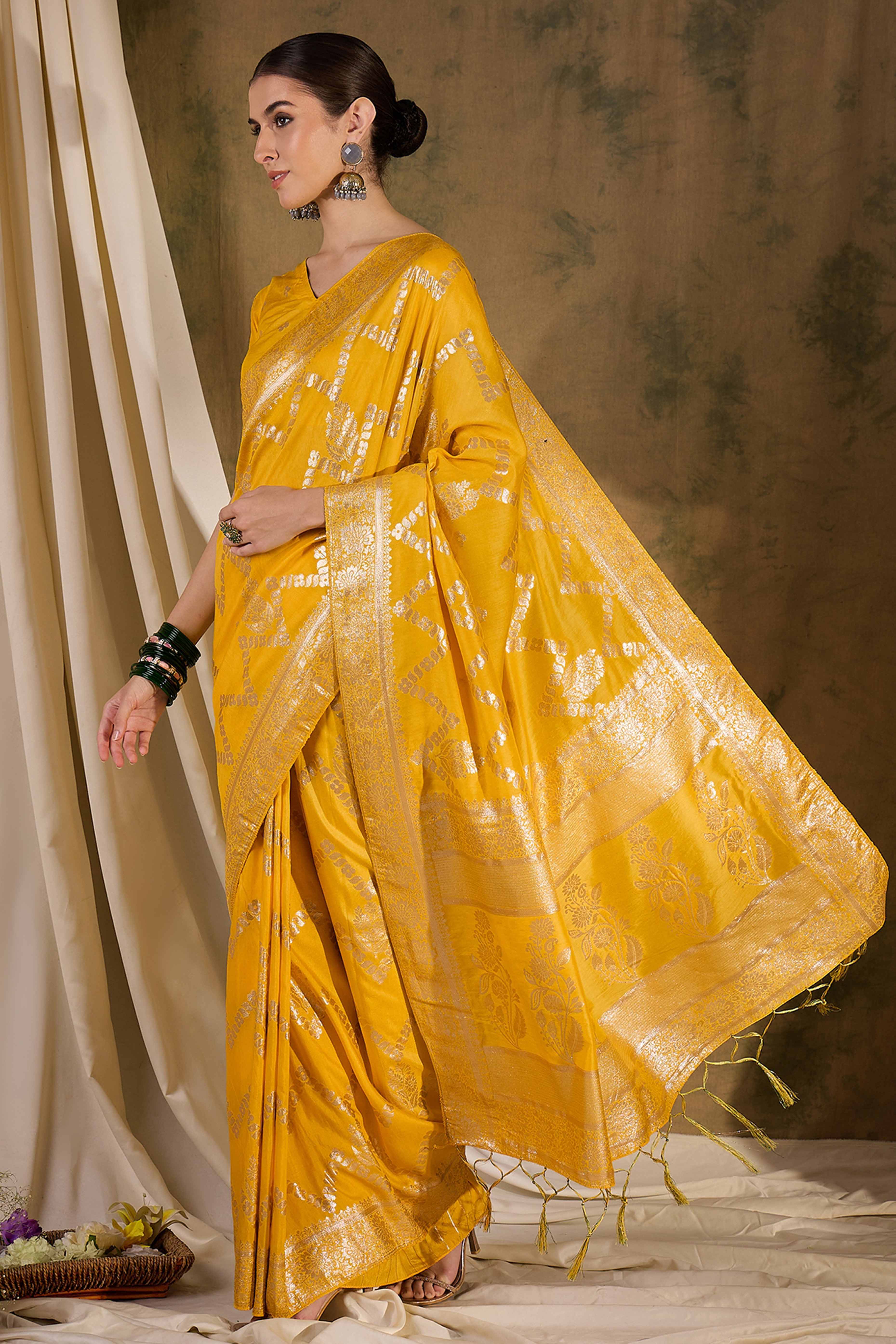 Mustard Cotton Blend Jacquard Saree Adorned With Floral Weaving & Graceful Tassel Pallu