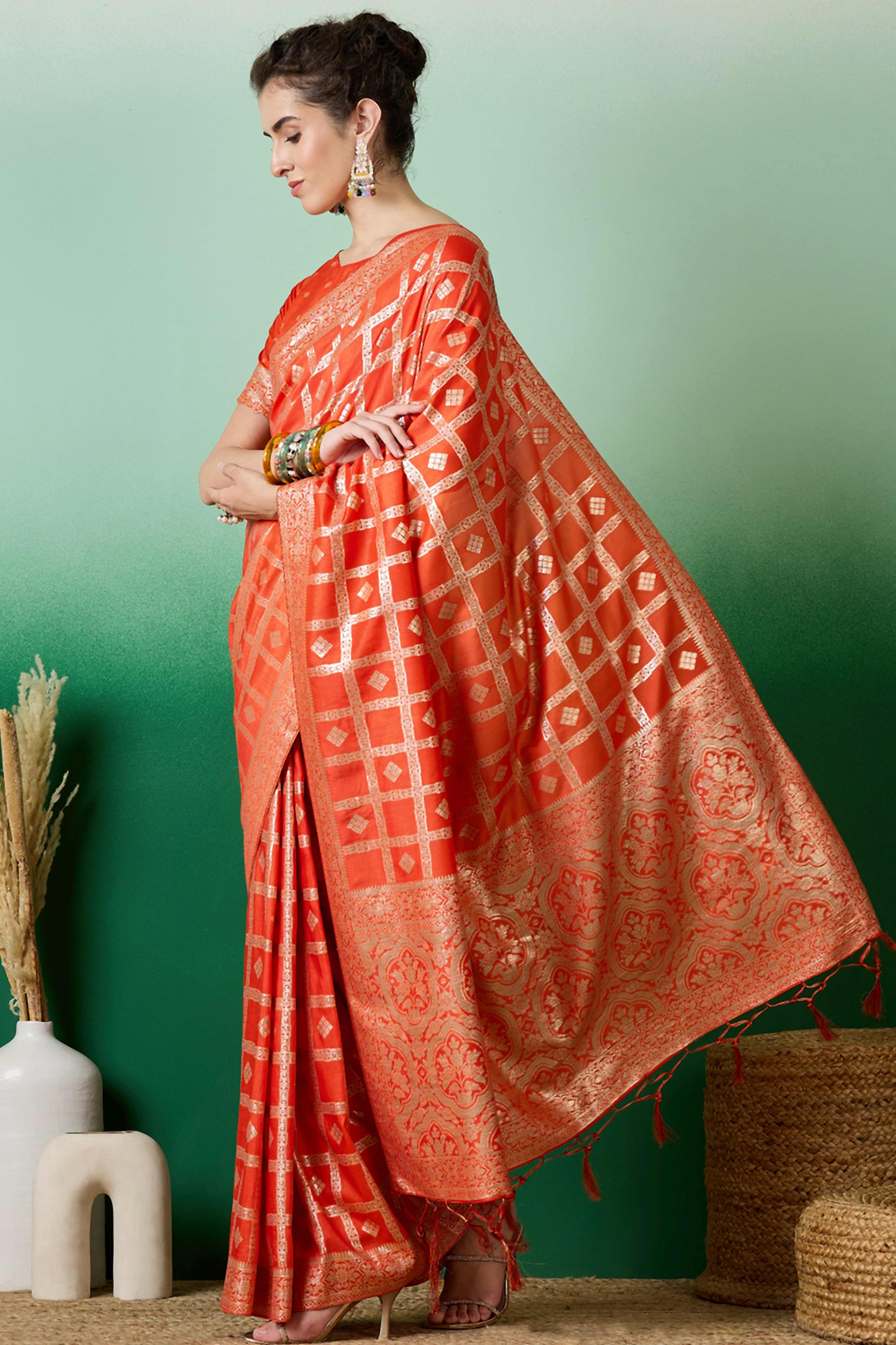 Orange Jacquard Saree In Cotton Blend Featuring Elegant Floral Weaving & A Tasselled Pallu
