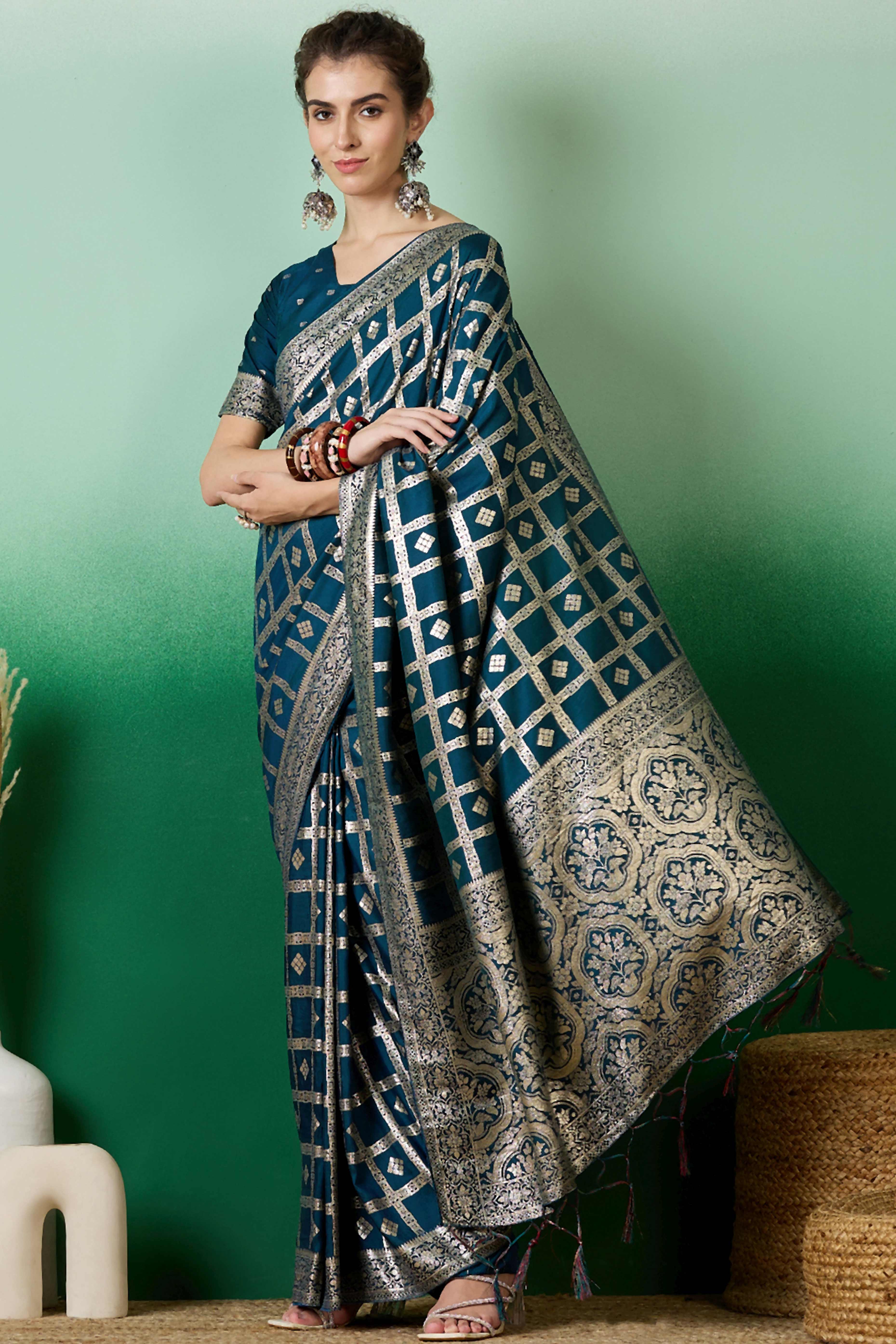Rich Teal Blue Jacquard Saree In Cotton Blend Featuring Elegant Floral Weaving & A Tasselled Pallu