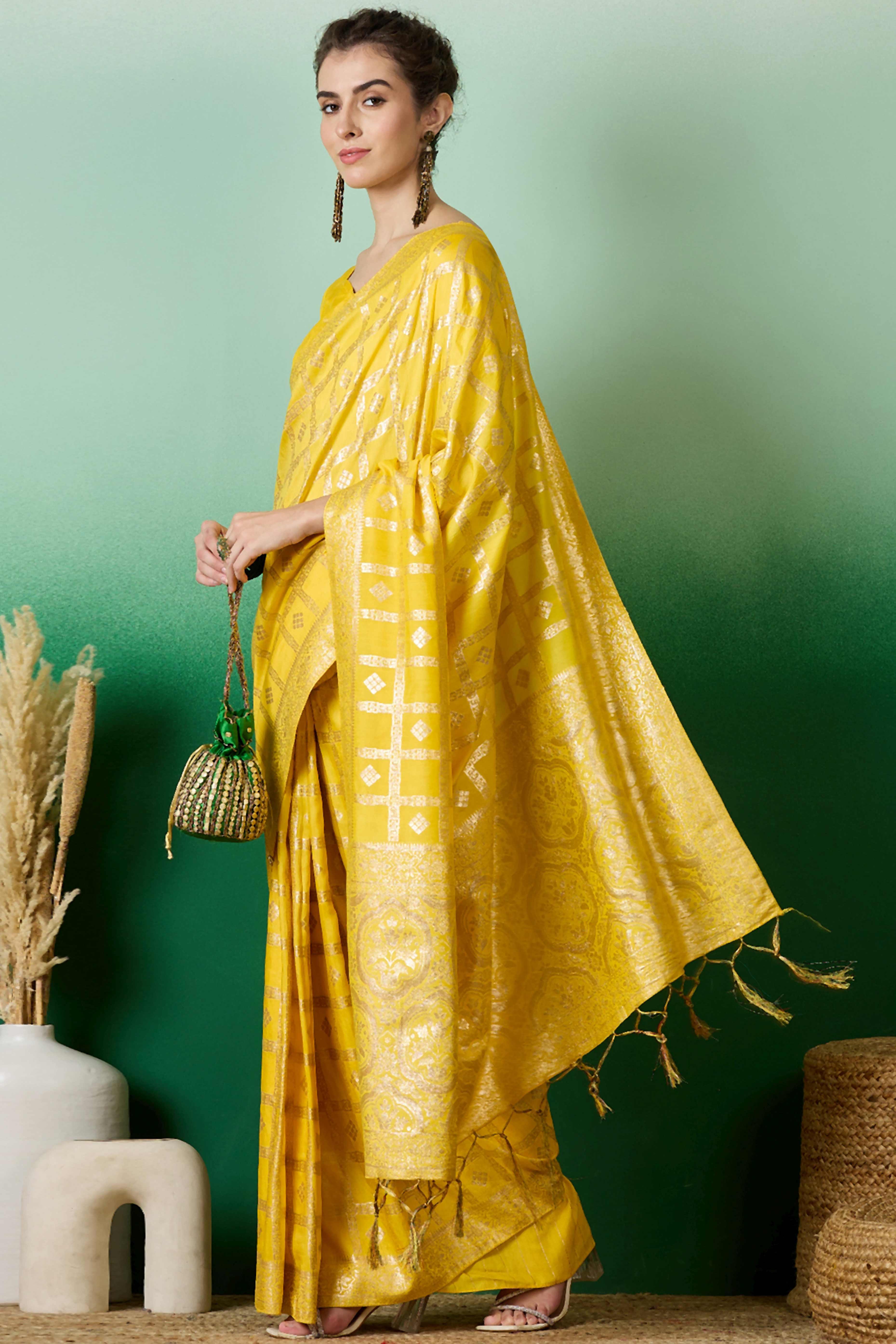 Yellow Jacquard Saree In Cotton Blend Featuring Elegant Floral Weaving & A Tasselled Pallu
