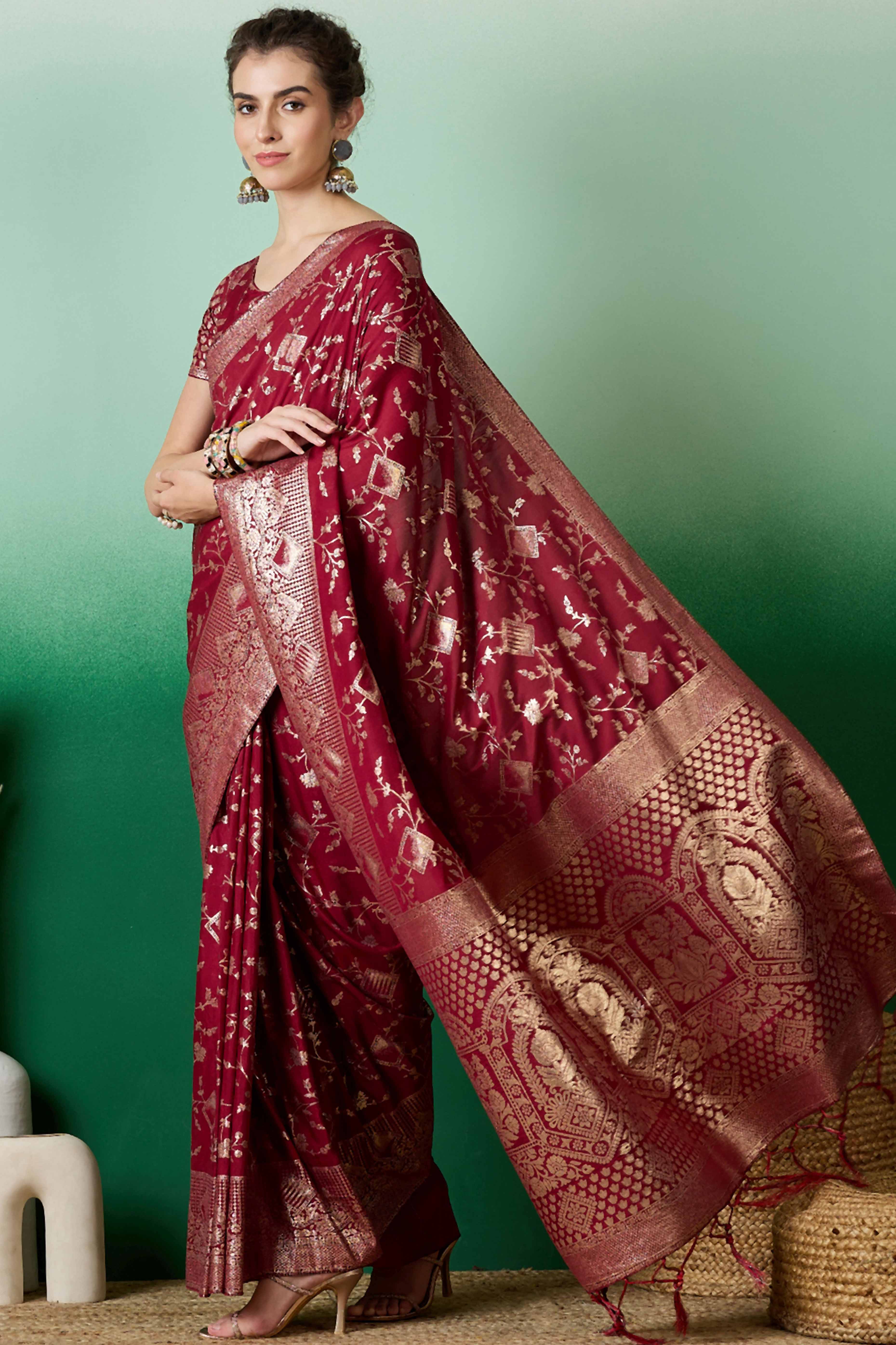 Maroon Cotton Blend Saree With Intricate Floral Zari Weaving & Soft Tassel